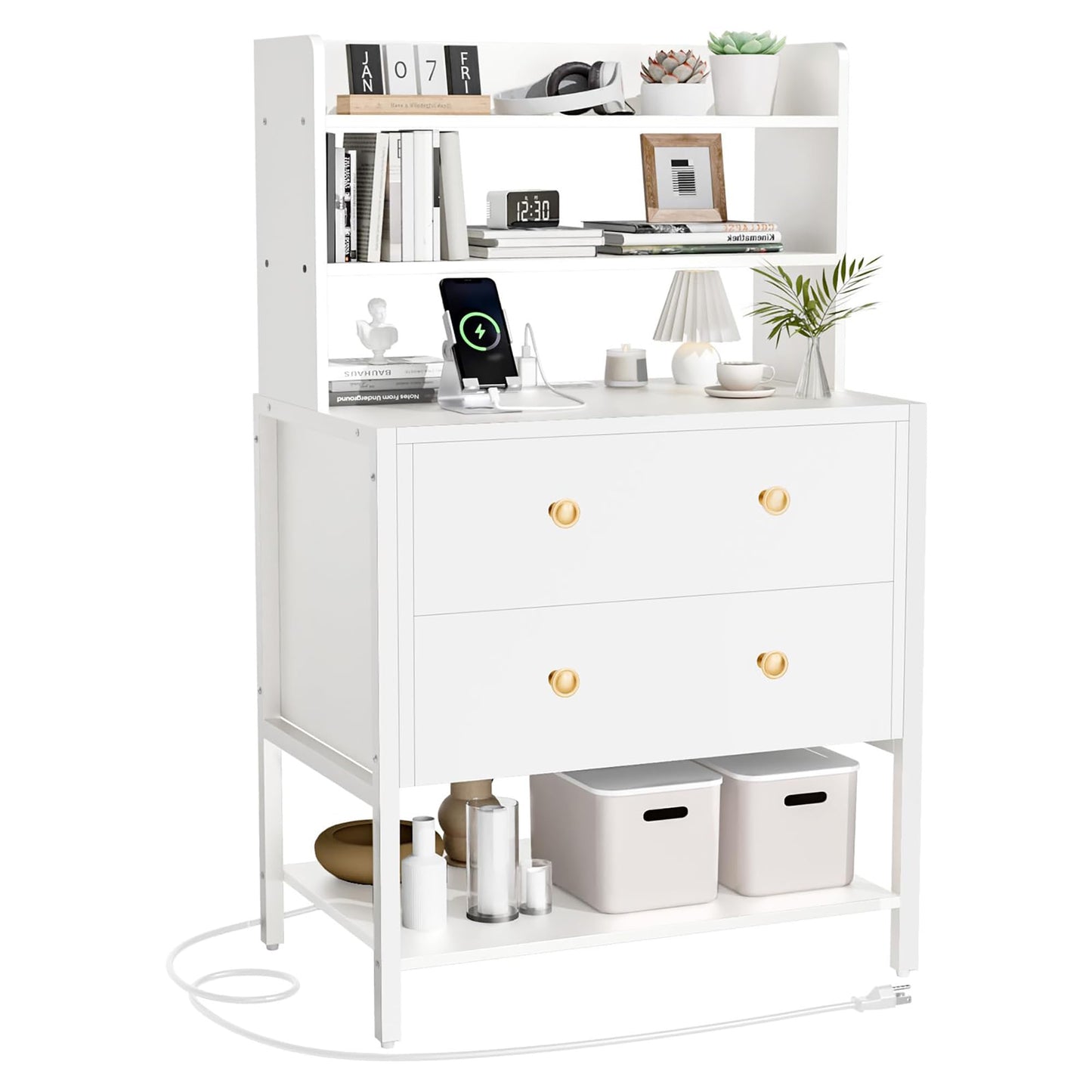 PATAVOT 24 Inch Wide Night Stand, Large Wooden Night Stand with 2 Adjustable Drawes, Tall Nightstand with 4-Tier Shelves and Charging Station, Bedside Table for Living Room/Bedroom/Office, White.