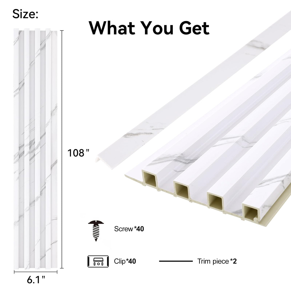 VESLARA 8-Pack WPC Wall Panels 108’’ x 6.1’’ 3D Slat Wall Panel Acoustic Wall Paneling for Interior Wall Decor TV Background Kitchen Bedroom Marble White