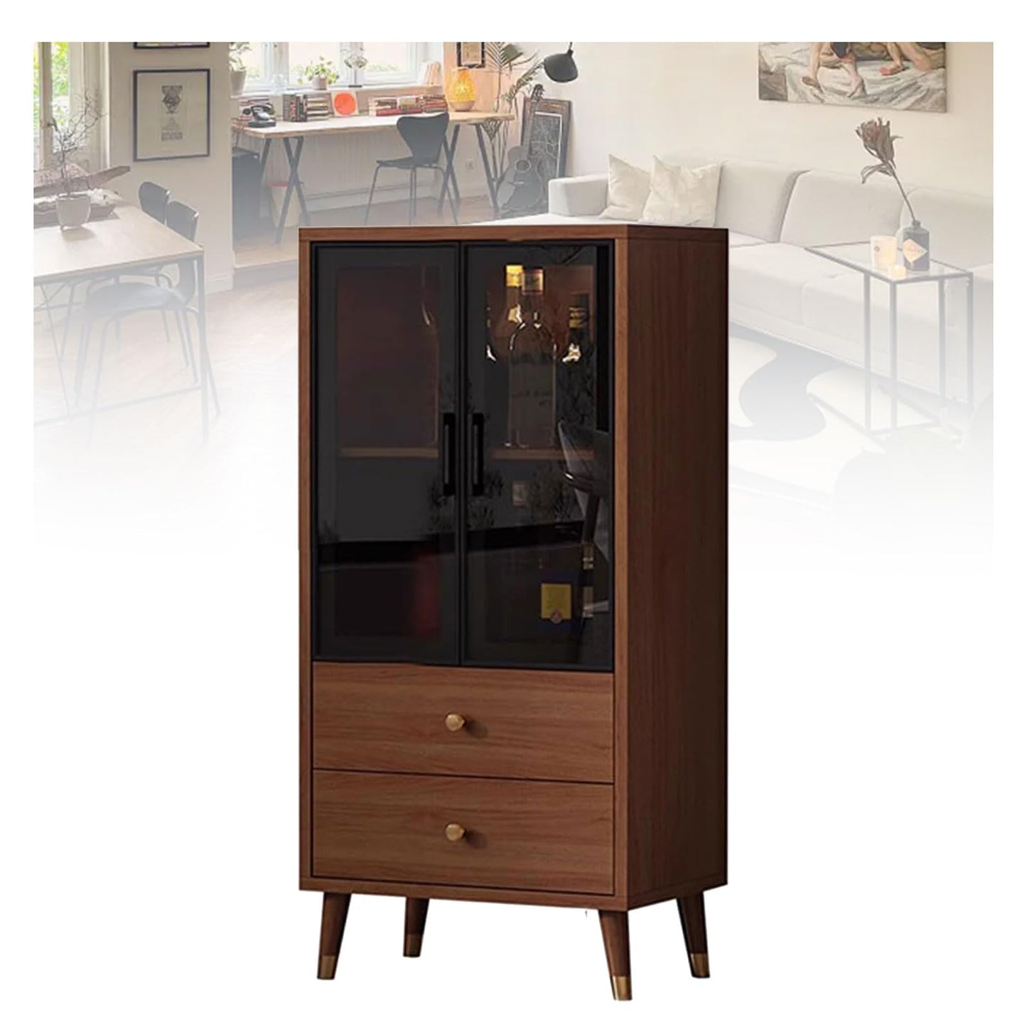 Freestanding Wine Bar Cabinet, Bamboo & Glass Display Cabinet, 3/4/5-Tier Modern, Clear View, Transparent Cabinet Door Design, for Office Living Room Bedroom Furniture