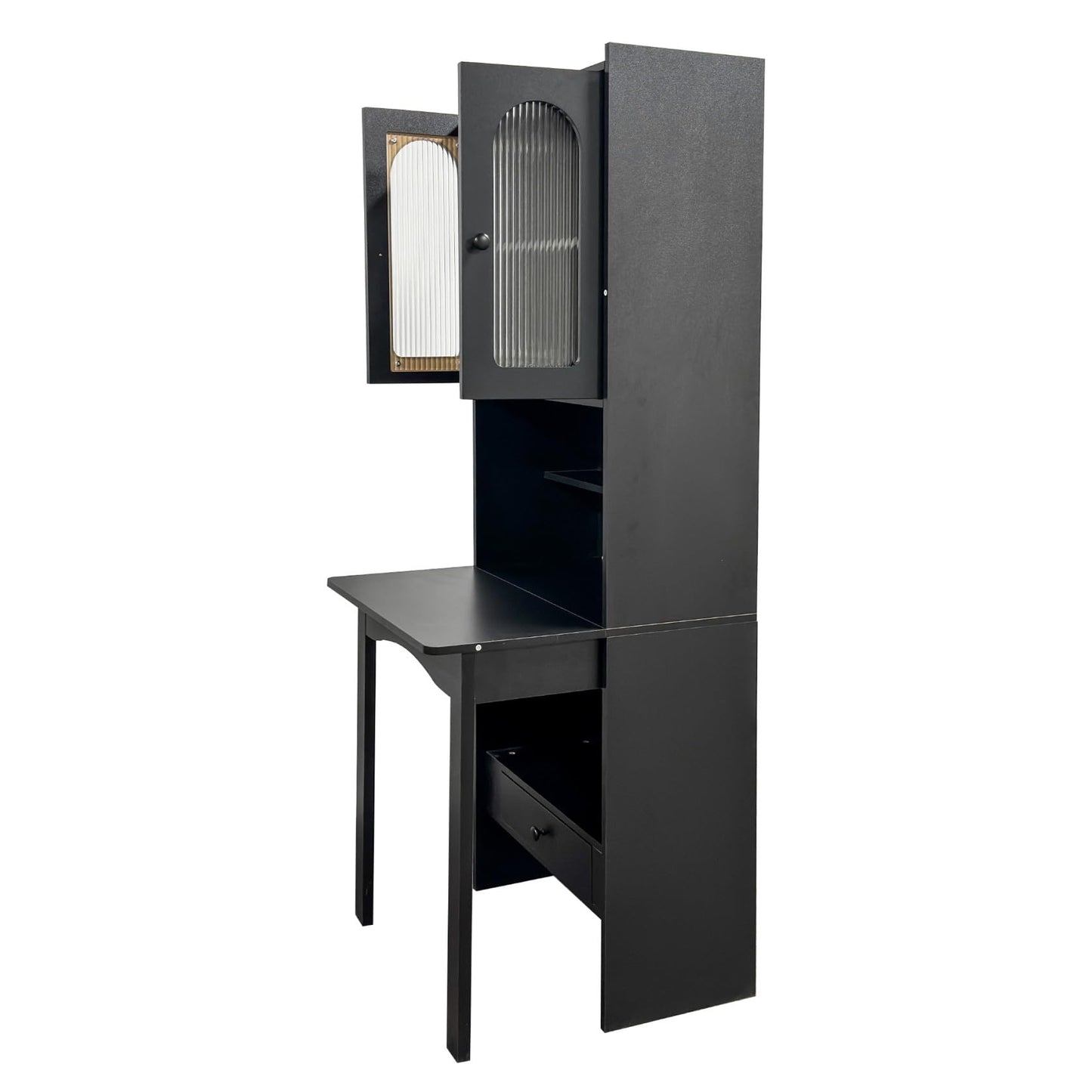 KEIKI Fold-Out Home Office Desks Writing Table with Glass Doors, Drawers, Bookshelf & Storage Shelves, Modern Wooden Convertible Workstation for Work, Study