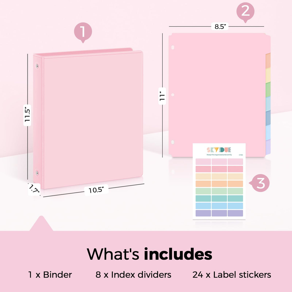 SKYDUE 1 Inch 3 Ring Binder with 8 Tab Dividers & 24 Labels, Pastel Binder Organizer for Letter Size Paper, Aesthetic School Binder for Notes, Documents, Office & Home Organization, Pink