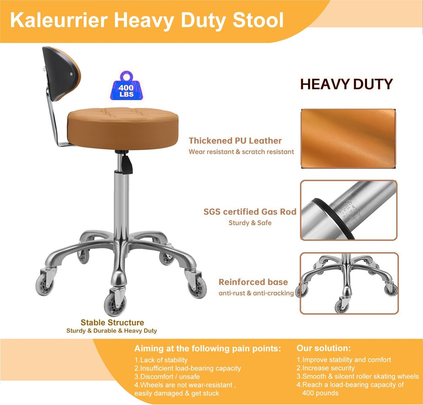 Kaleurrier Rolling Stool with Back Support: Adjustable Height 22-30 inches for Nail Lash Tech Stylist - Heavy Duty Stool Chair with Wheels for Salon Shop Office Kitchen Garage