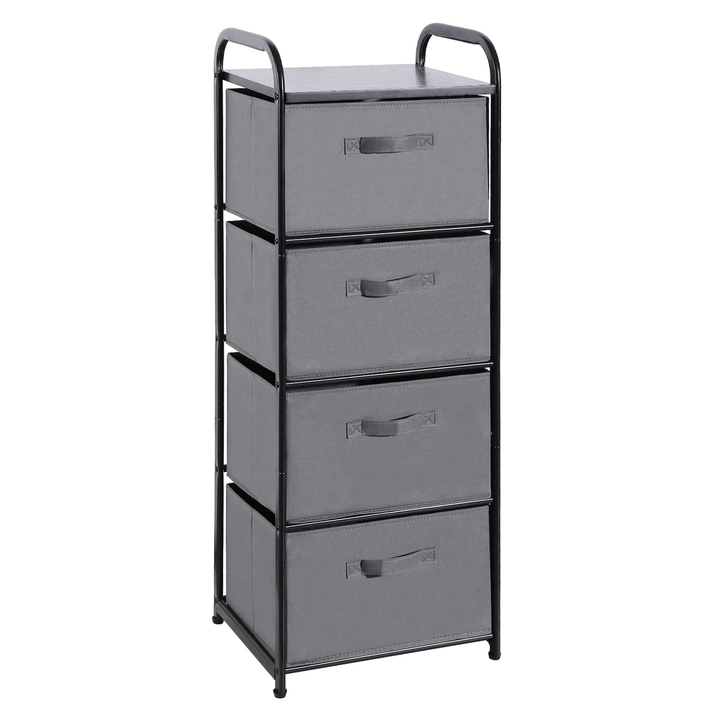 MAX Houser 4 Drawer Fabric Dresser Tall Storage Tower, Dresser Chest with Wood Top, Vertical Nightstand Side Organizer Unit with Metal Frame for Closets Bedroom Nursery Room Hallway(Leaden)
