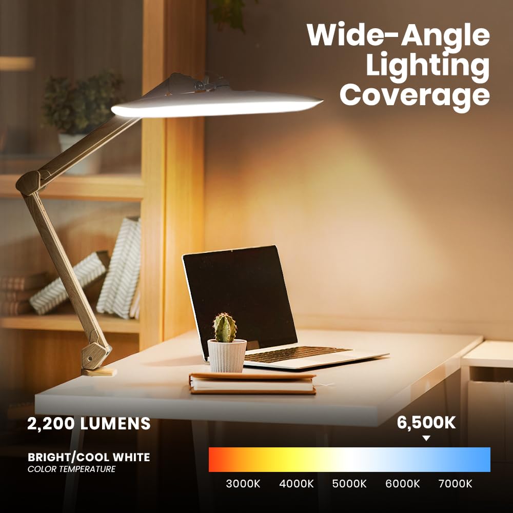 Neatfi XL 2200 Lumens 24W LED Desk Lamp – Shadow-Free Task Lighting | 4-Level Dimming | Home Office & Crafts Use | 20-Inch Wide Head (Brown Wood, Non-CCT with Clamp)