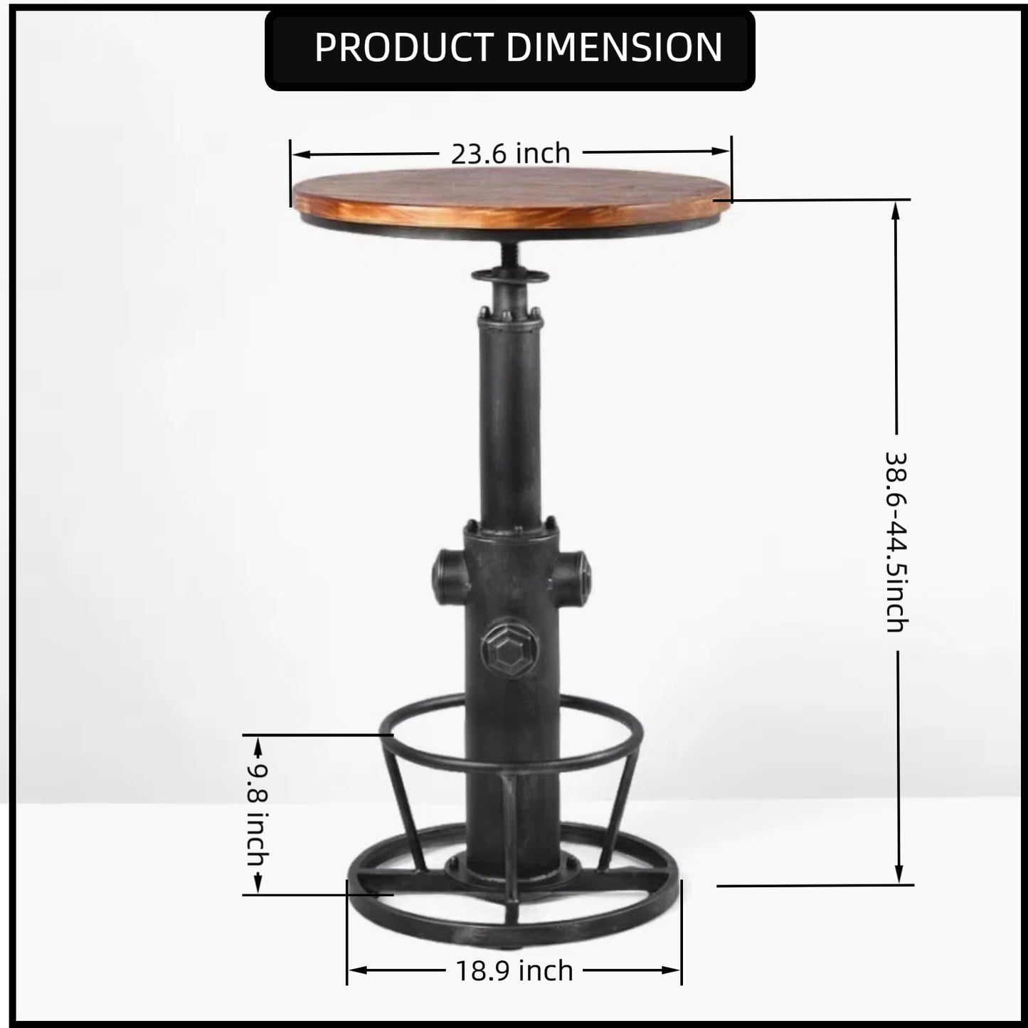 BOKKOLIK Industrial Bistro Bar Table 38.6-44.4inch Height Adjustable Farmhouse Pub Table for Kitchen Dinning Room Office Swivel Wooden Top