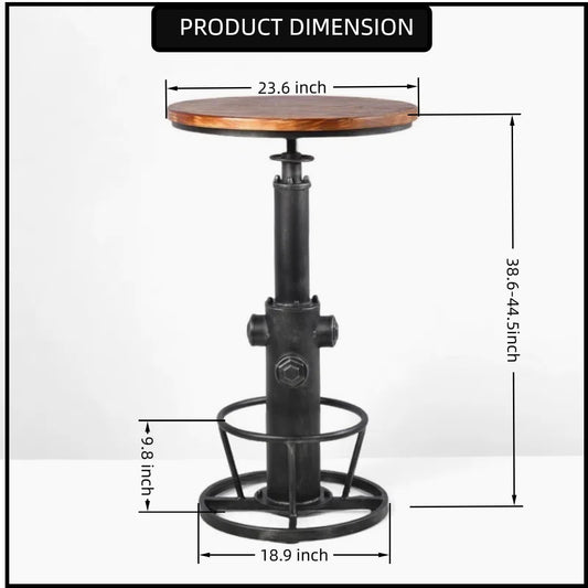 BOKKOLIK Industrial Bistro Bar Table 38.6-44.4inch Height Adjustable Farmhouse Pub Table for Kitchen Dinning Room Office Swivel Wooden Top