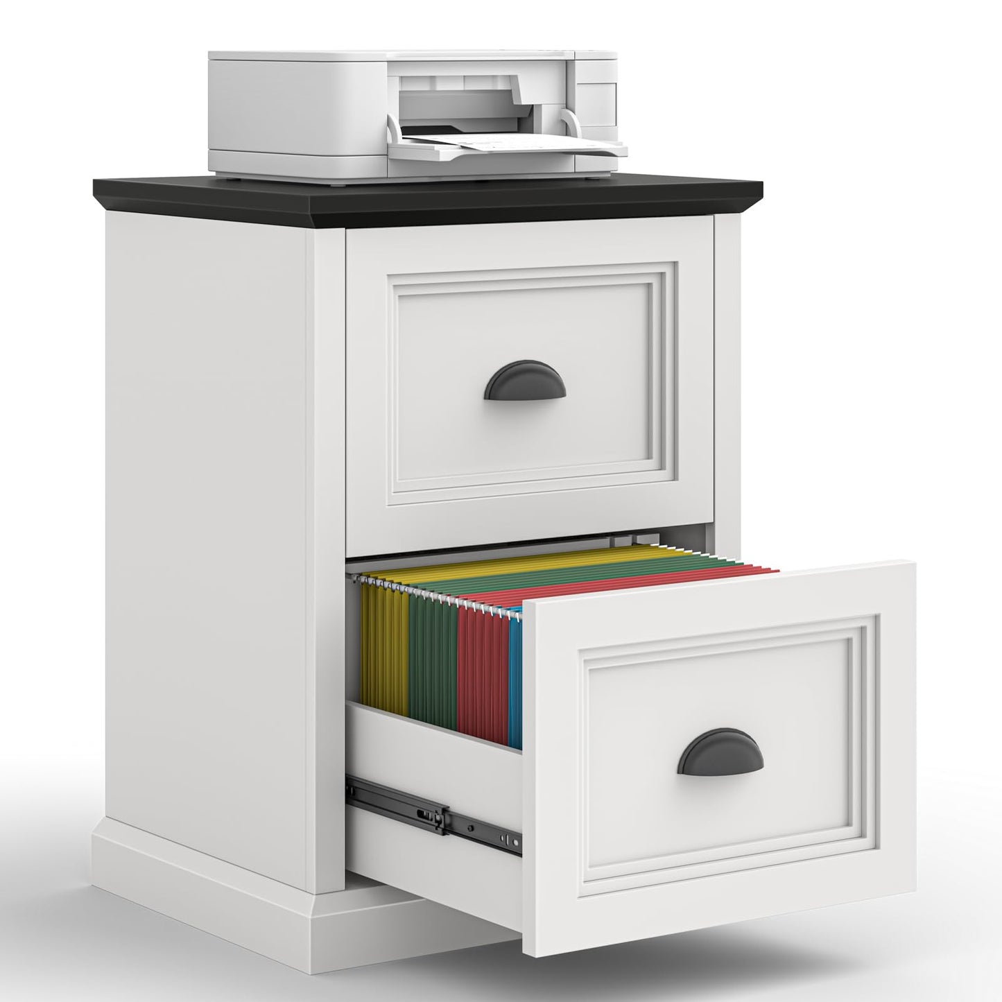 Halitaa Vertical File Cabinet, Filing Cabinet with 2 File Drawers, Farmhouse Small File Cabinet Fits Letter/A4 Size, Wooden Printer Stand, Under Desk Cabinets for Home Office, White and Black