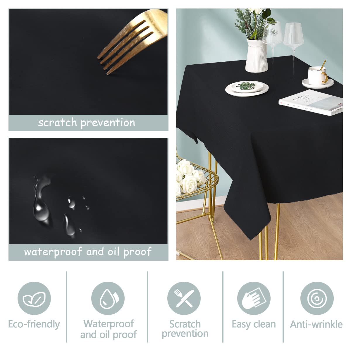 Aijoviko Table Cloth for Rectangle Tables Soft Leather Tablecloth Waterproof Wipeable Table Cover for Parties,Picnic and Camping Outdoor Tablecloths(Black 54"x84")
