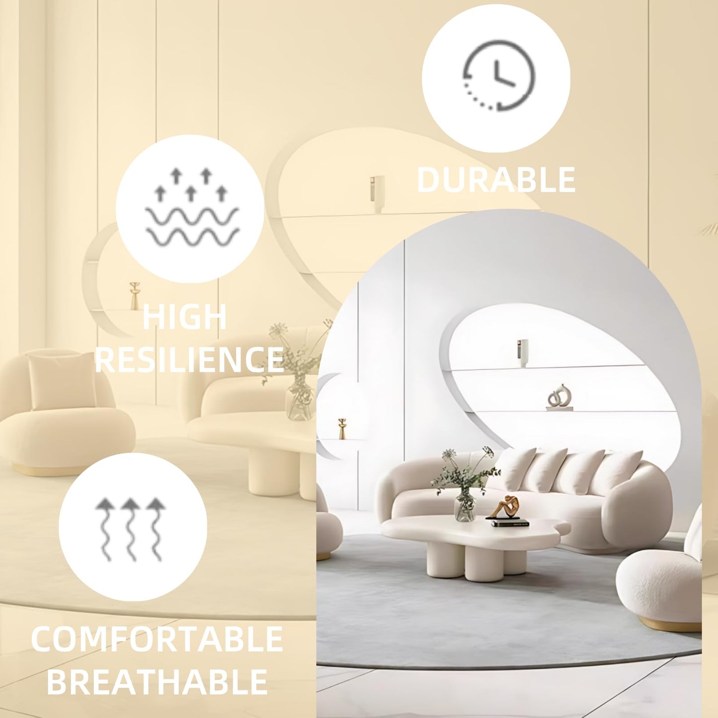 70.8IN Cream Style Living Room Sofa - Round Arc Designed Sofa Set, Modern Modular Sectional Sofa | Equipped with Slab Stone Coffee Table & 2 Compartment Sofa Chairs (Style B)