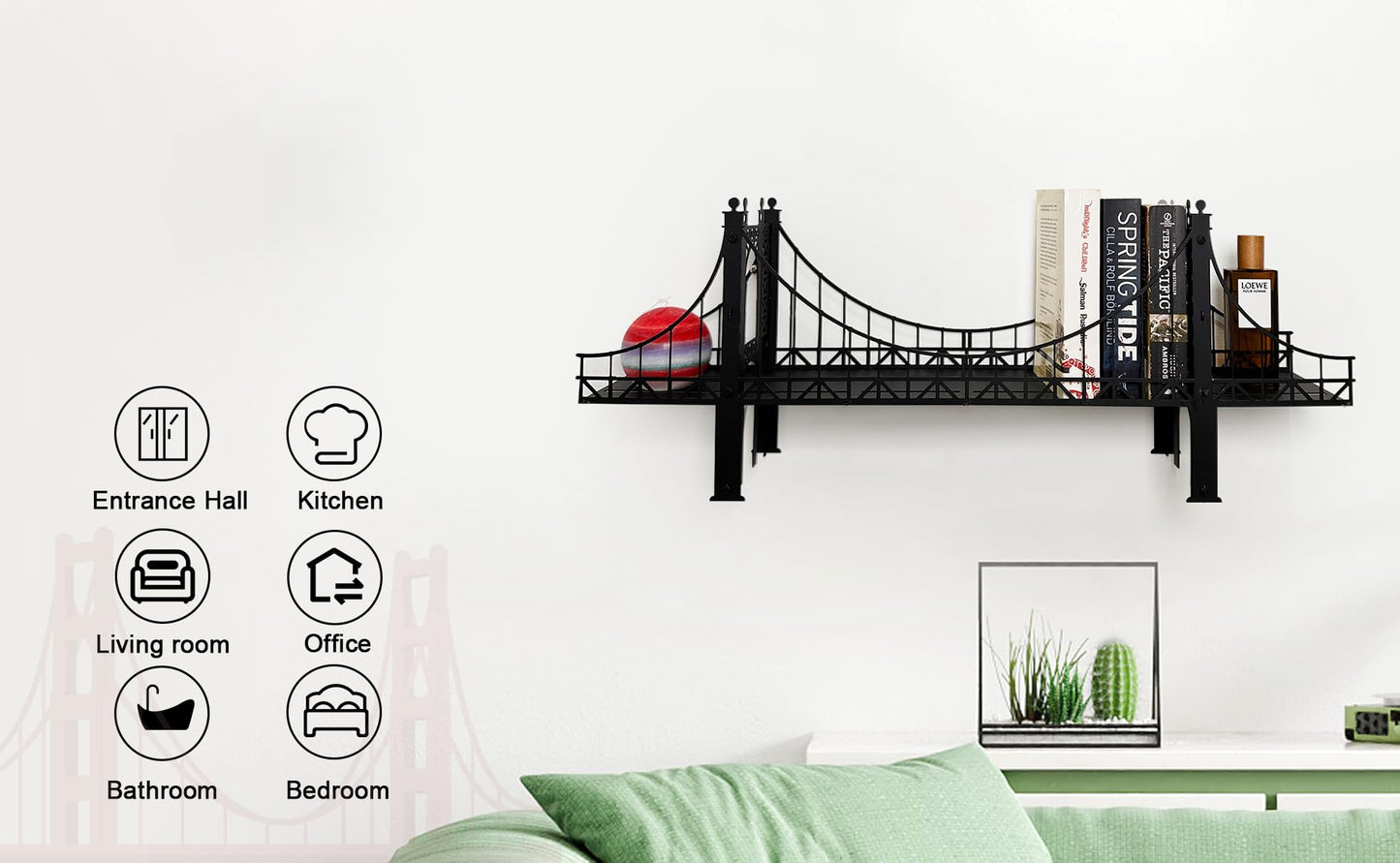 Suspension Bridge Wall Mounted Bookshelf, Black Metal Bridge Design, 26.38 x 10.28 x 5.51 inches