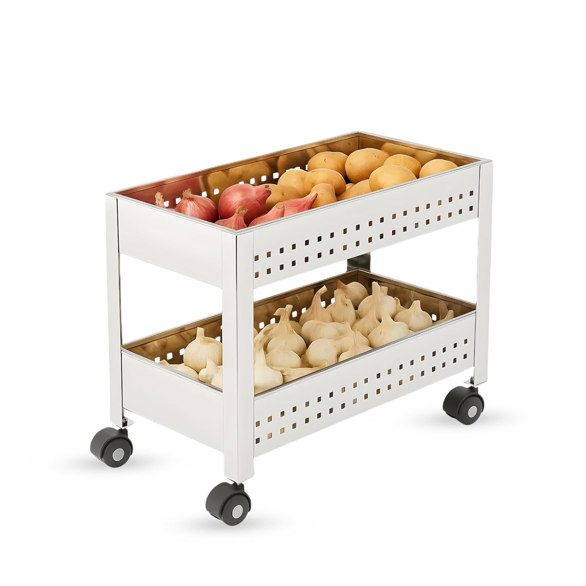HomeAra 2-Tier Rolling Utility Cart with Wheel, Metal Storage Trolley Organizer for Kitchen, Office, Portable Multi Purpose Storage Rack Shelf, Movable Kitchen Pantry Laundry Organizer Cart, Silver