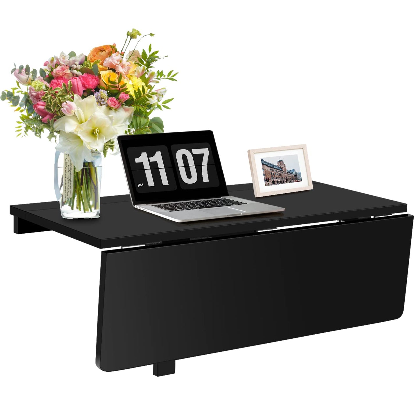 COSTWAY Wall Mounted Folding Table, 31.5" x 23.5" Drop-Leaf Floating Writing Desk for Small Spaces, Space-Saving Fold Down Laptop Workstation for Kitchen, Bedroom, Laundry Room, Study Room (Black)
