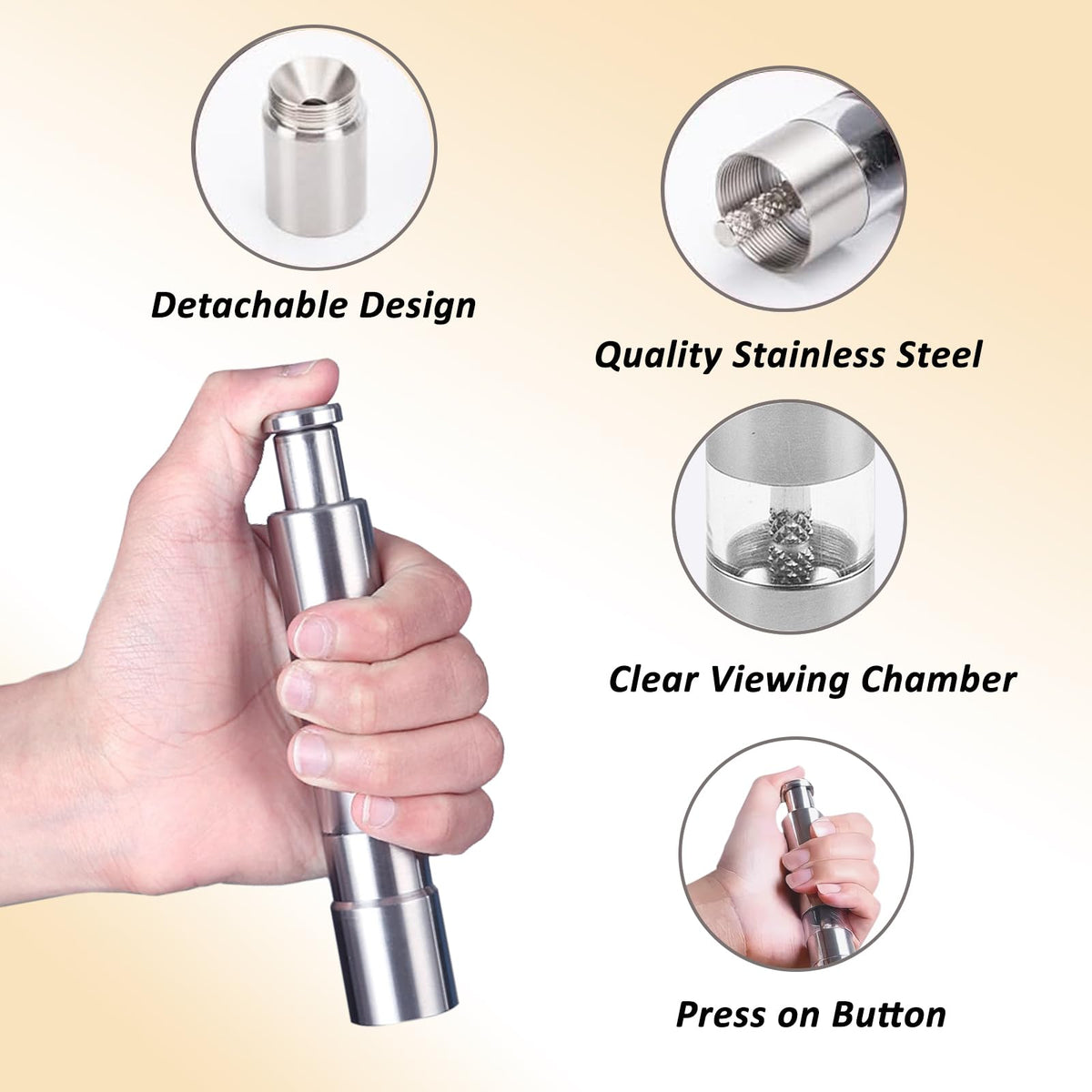 Stainless Steel Salt and Pepper Grinder Set, Manual Refillable Peppercorn Mills with Push Button, Thumb Grinder, Sliver White