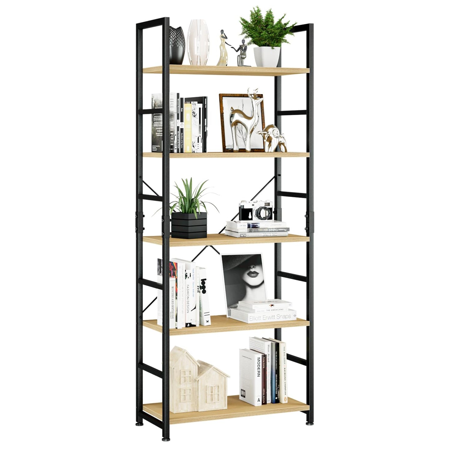 NUMENN 5 Tier Bookshelf, Tall Bookcase Shelf Storage Organizer, Modern Book Shelf for Bedroom, Living Room and Home Office, Natural