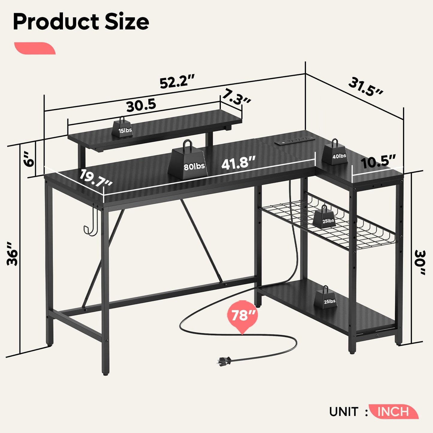 Bestier 52" Gaming Desk with Integrated Power Outlet & USB Ports, L-Shaped Computer Desk with LED Strip & Headphone Hooks, Perfect for Home Office Pink,Carbon Fiber Black