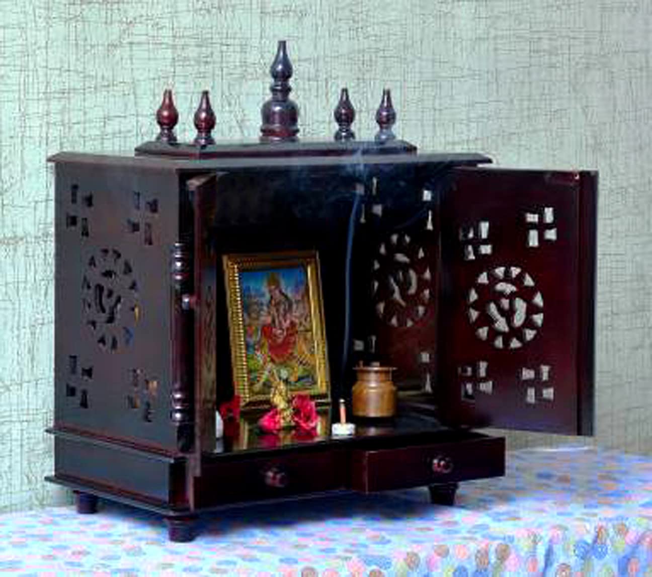 Home and Bazaar Rajasthani Ethnic Handcrafted Wooden Temple / Mandir / Pooja Ghar / Mandapam Size 18 x 09 x 22 Inch Outer. 16x8x10.5 Inch Inner Size Wide x Deep x High. HB17KI-456