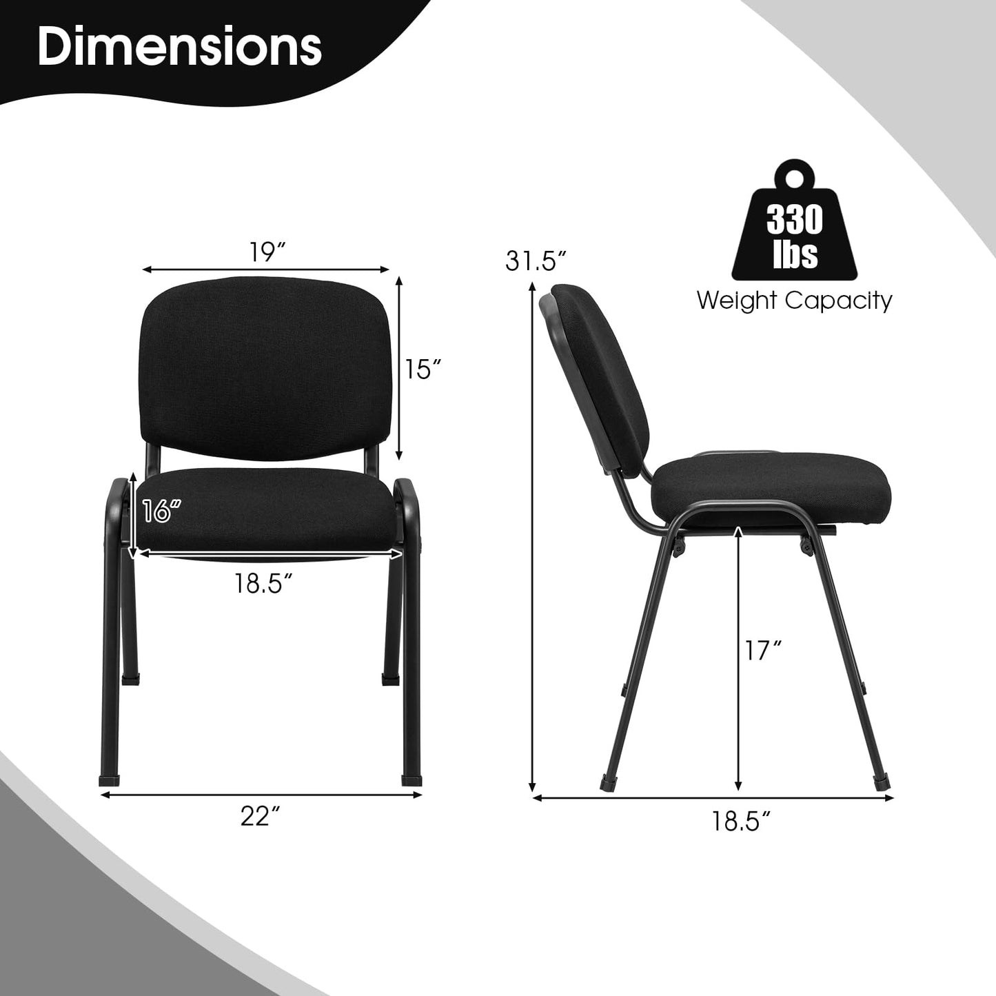 HOMGX 2 PCS Waiting Room Chairs, Stackable Office Guest Chair with Upholstered Back & Seat, Comfortable Conference Chairs for Meeting Room, Executive Chair Set No Wheels, Reception Chairs, Black