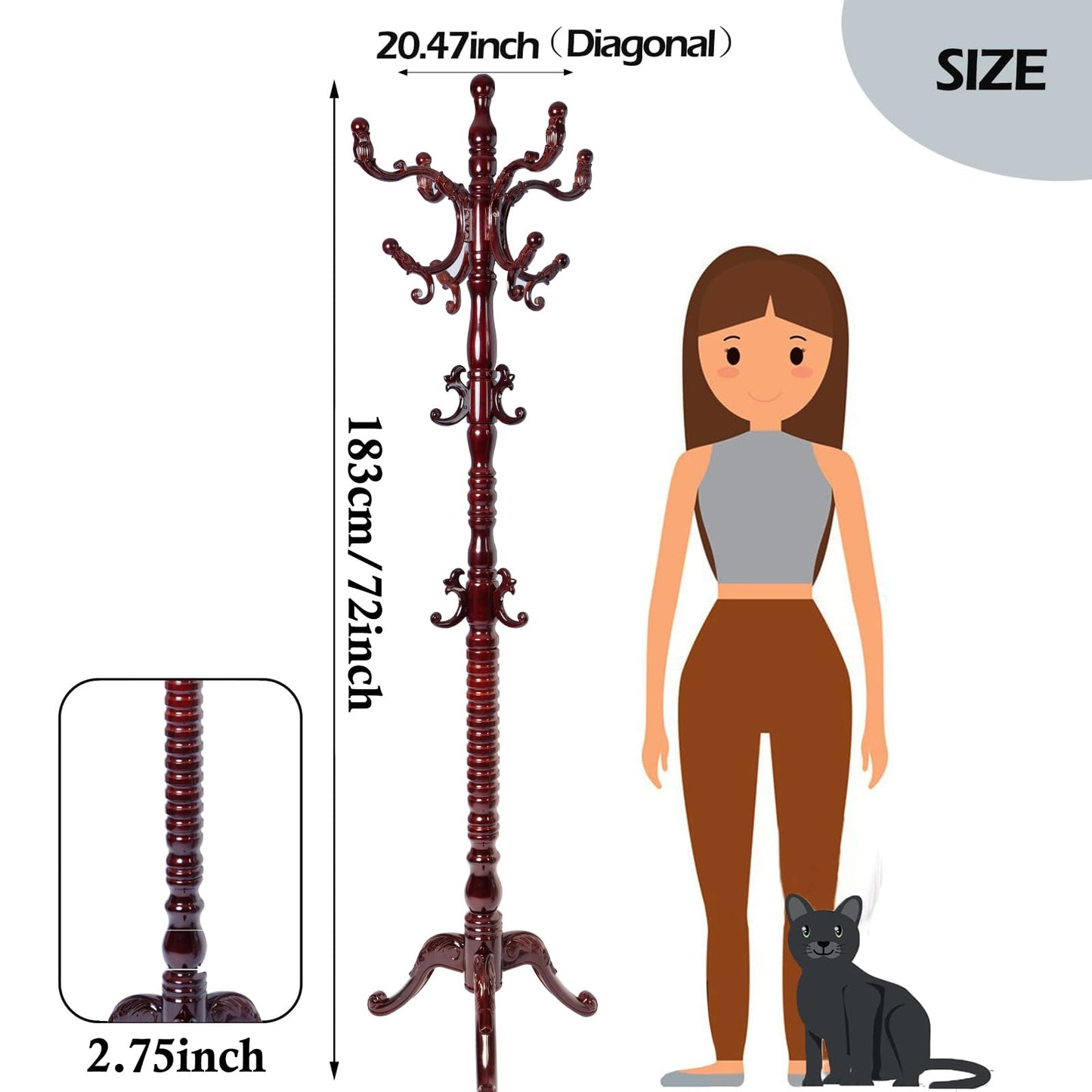 Sauqzoh Coat Racks Free Standing with 14 Hooks, Natural Wood Coat Stands for Entryway, Adjustable Height 73 in Tree Coat Rack Stand for Hallway Home Office Bedroom (Mahogany triangle)