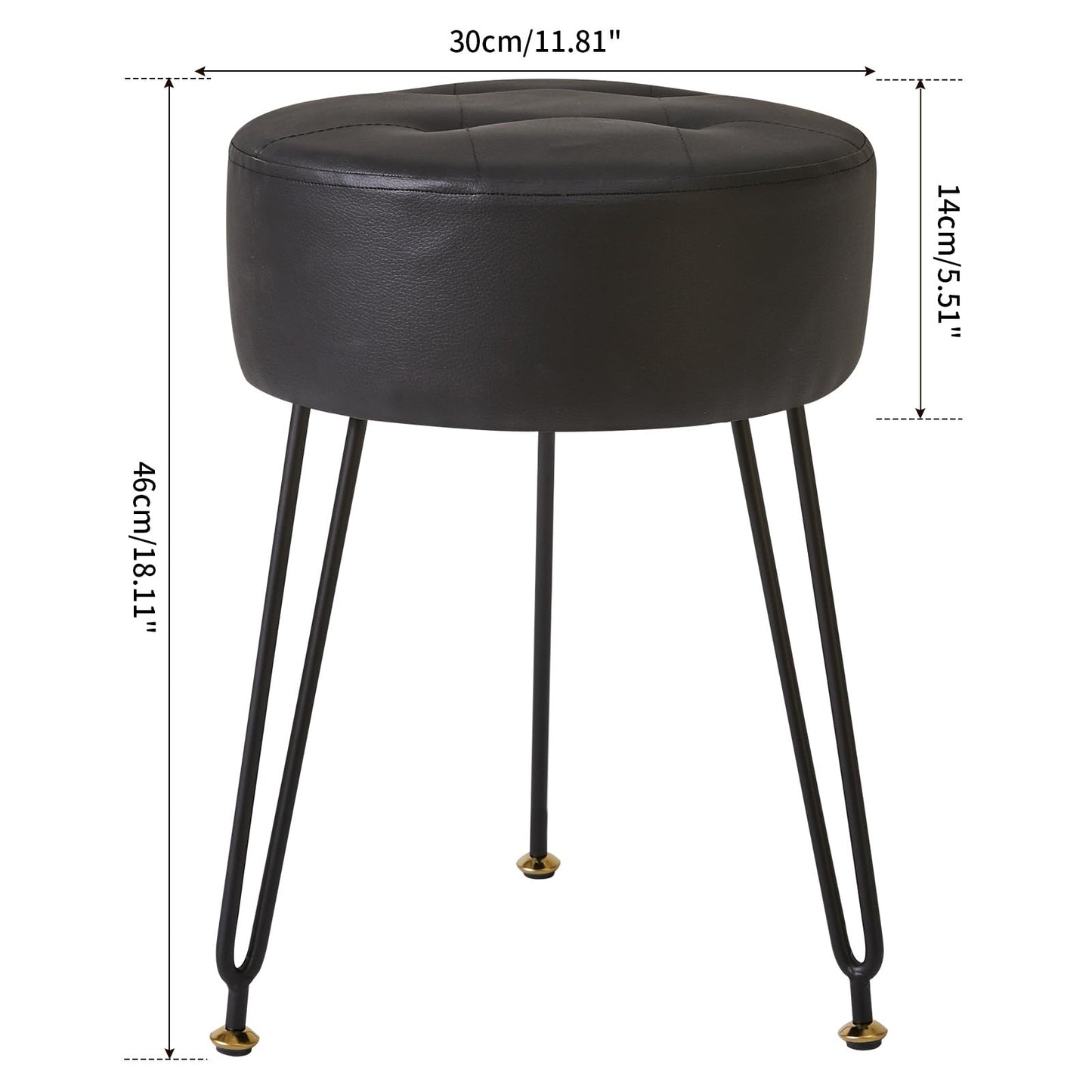 IBUYKE Faux Leather Round Footrest Stool, Makeup Vanity Stool Side Table, PU Dressing Table Seat, Pouf Couch Stool, Golden Steel Legs, Black LG-31B