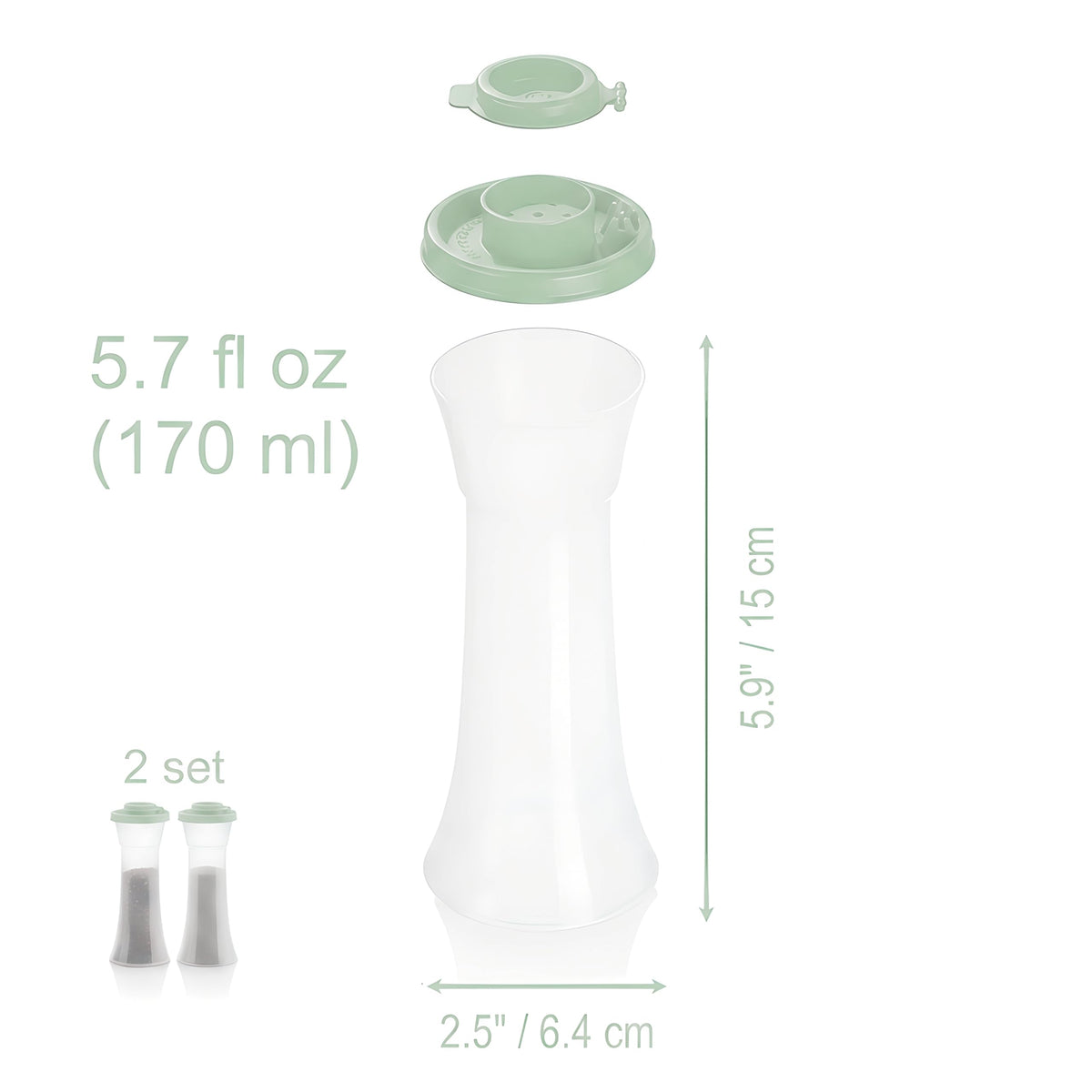 Tupperware Large Hourglass Salt and Pepper Shakers Clear Containers with Sage Green