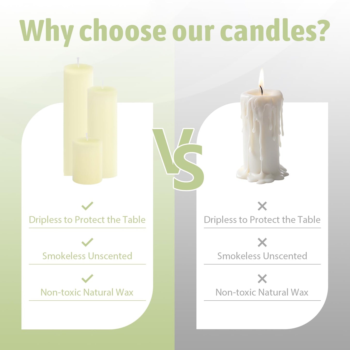 Veiuwa 6 Pack Ivory Pillar Candles Bulk Set, 2x3 2x6 2x8 Inch - 2 Each Size, Dripless Smokeless Clean Burning for Wedding Centerpieces, Home Decor, Church, Romantic Ambiance！