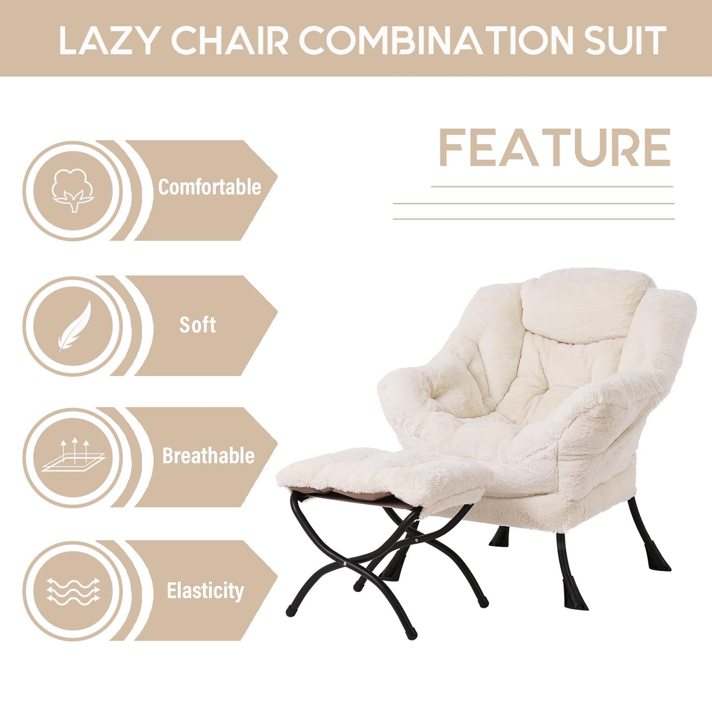 LITA Lazy Chair with Ottoman, Modern Accent Leisure Upholstered Sofa Chair, Lounge Reading Chair with Armrests and a Side Pocket for Living Room, Bedroom & Small Space, Plush Beige