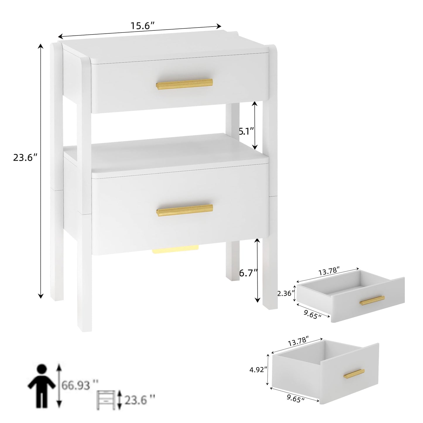 Tltaroni Nightstand with 2 Drawers and Open Shelf Wooden Bedside Table Gold Handles Modern Storage Night Stand Sensor Light for Bedroom, White