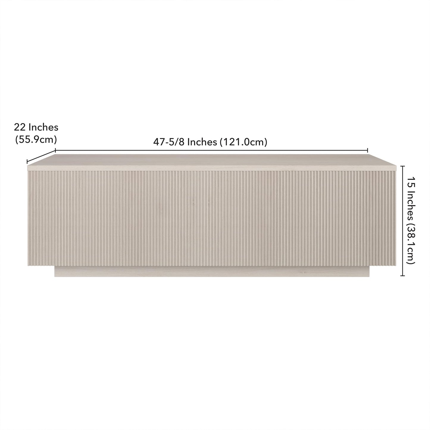Henn&Hart 48" Fluted Rectangular Low-Profile Coffee Table with Ribbed Base for Living Room, Family Room, or Office, Beech White