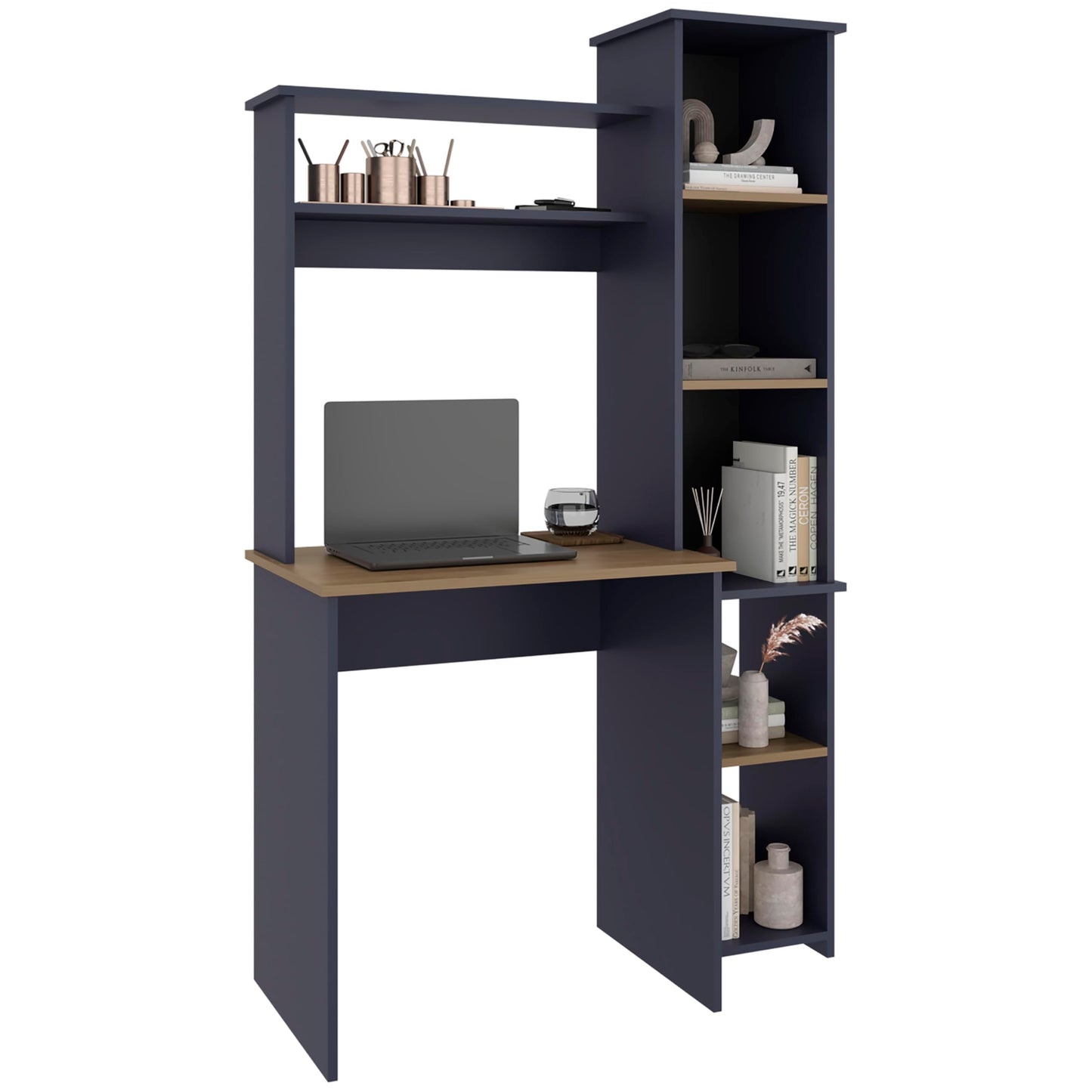 TUHOME Versalles Writing Desk with Large Monitor Shelf,Keyboard Tray and Five Side Open Storage Compartments,Modern Space-Saving Office Desk for Studios,Workspaces or Bedrooms, Functional Organization