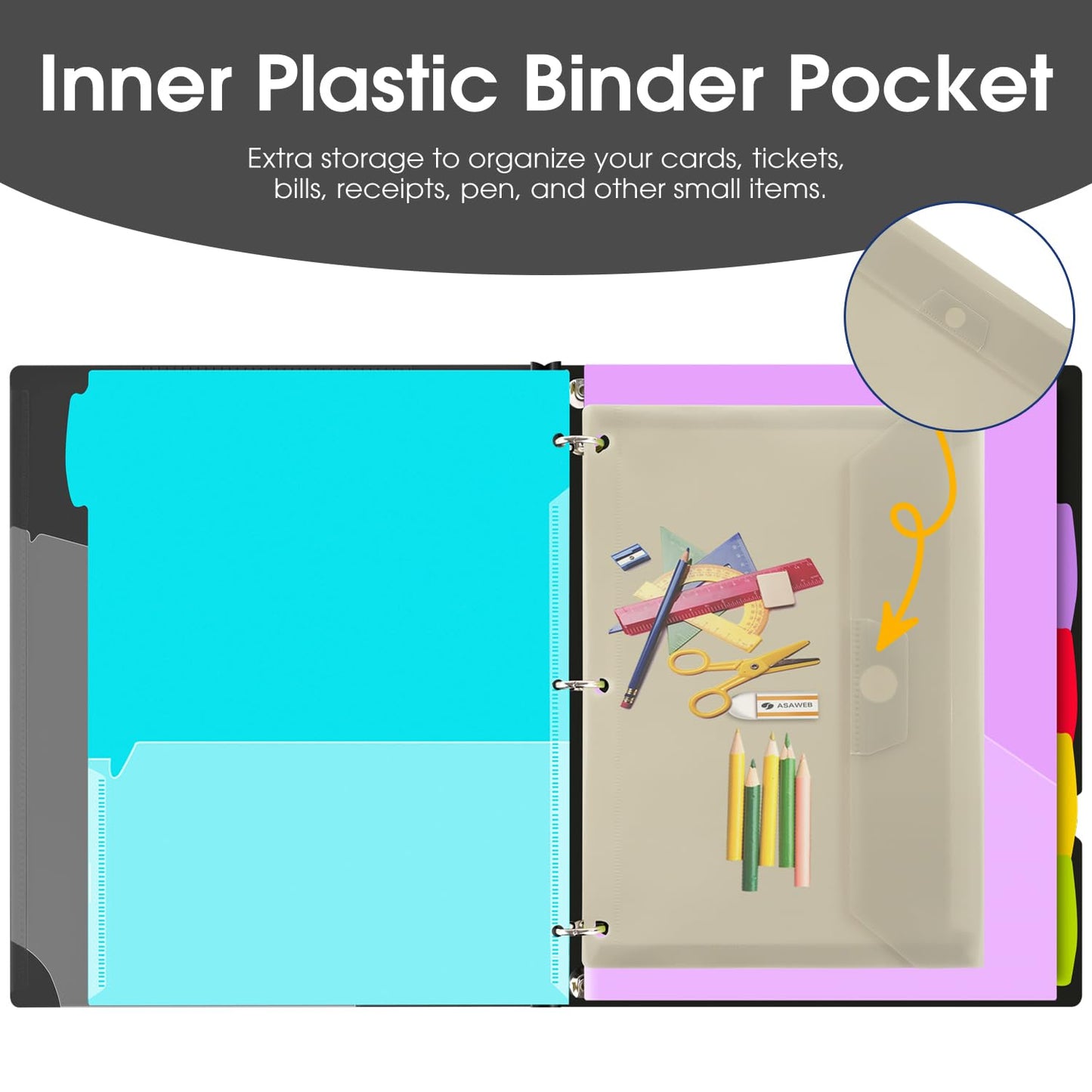 INFUN 1 Inch Telescoping Project Organizer Binder-2PCS,13 Pocket, Customizable Front Cover, 5 Colors Pocket Divider and Plastic Binder Pocket，225 Sheet Capacity-Black