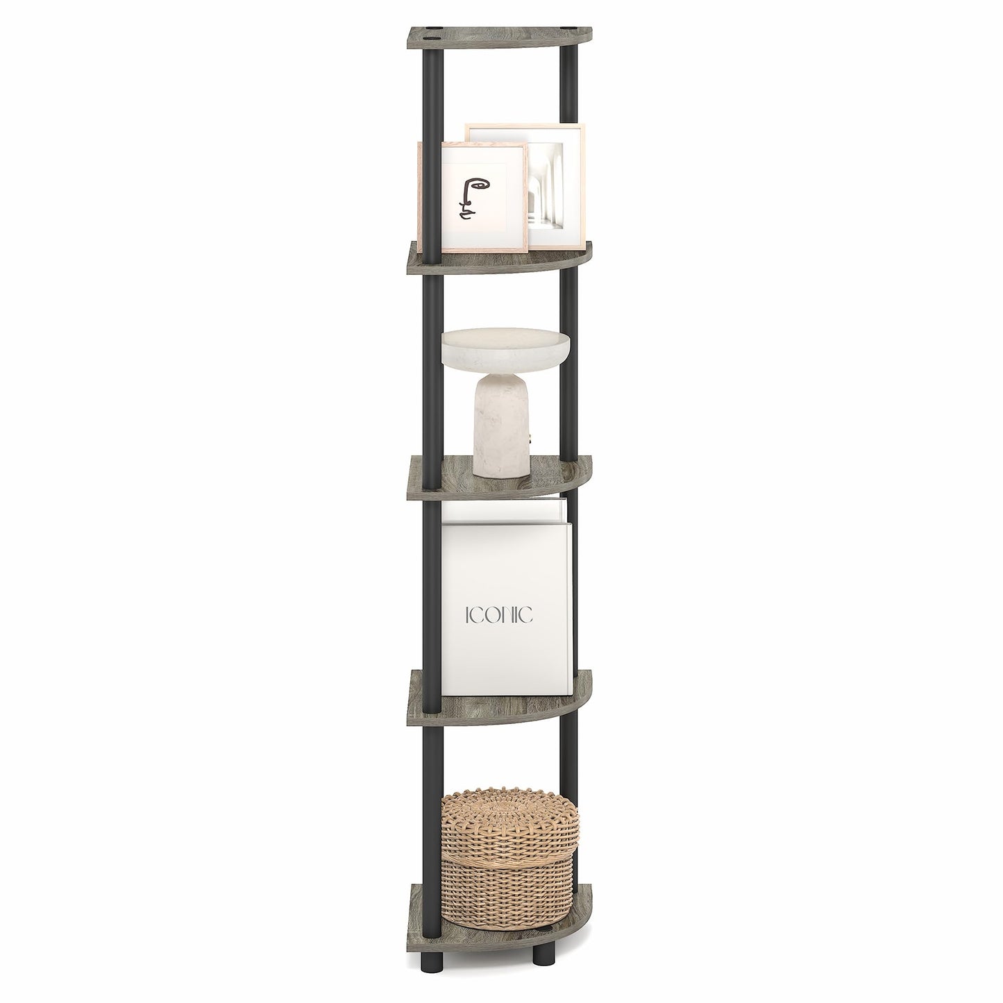 Furinno Turn-N-Tube Corner Shelf, 5-Tier Corner Bookshelf, Open Storage Shelves, for Organization and Storage, Living Room, Home Office, Garage, Bedroom, Grey Oak