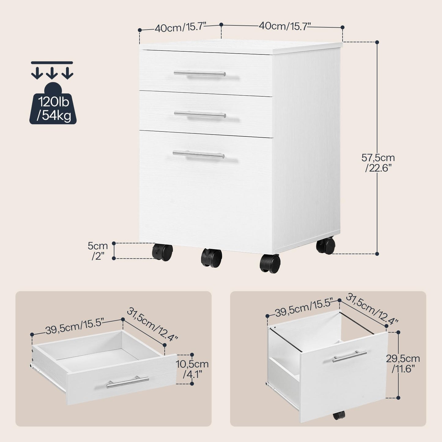HOOBRO 3-Drawer File Cabinet, Wooden Under Desk Filing Cabinet, fits A4/Letter Size for Home Office, Small Rolling Storage Drawer Chest, Printer Stand with Drawers, White WW02WJ01G1