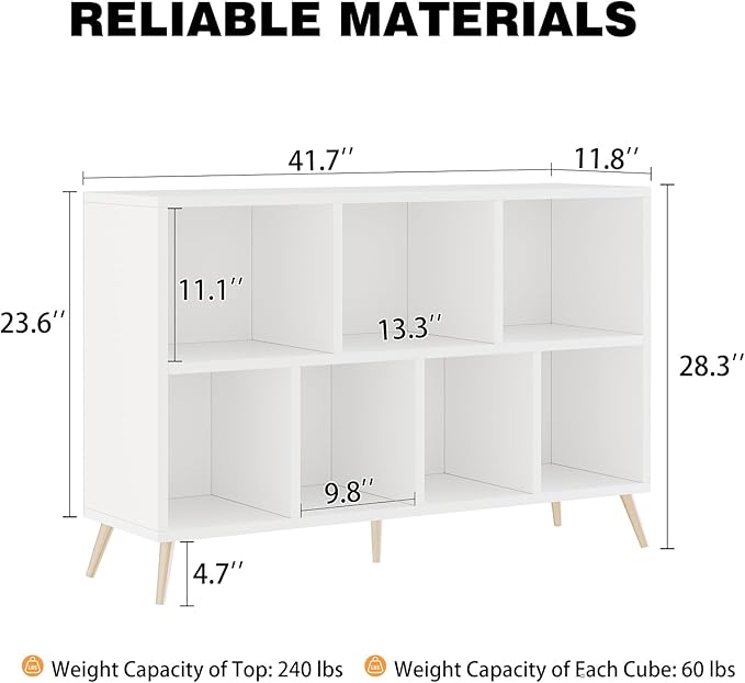7-Cube Storage Organizer with Natural Wood Legs, Mid-Century Modern Bookcase