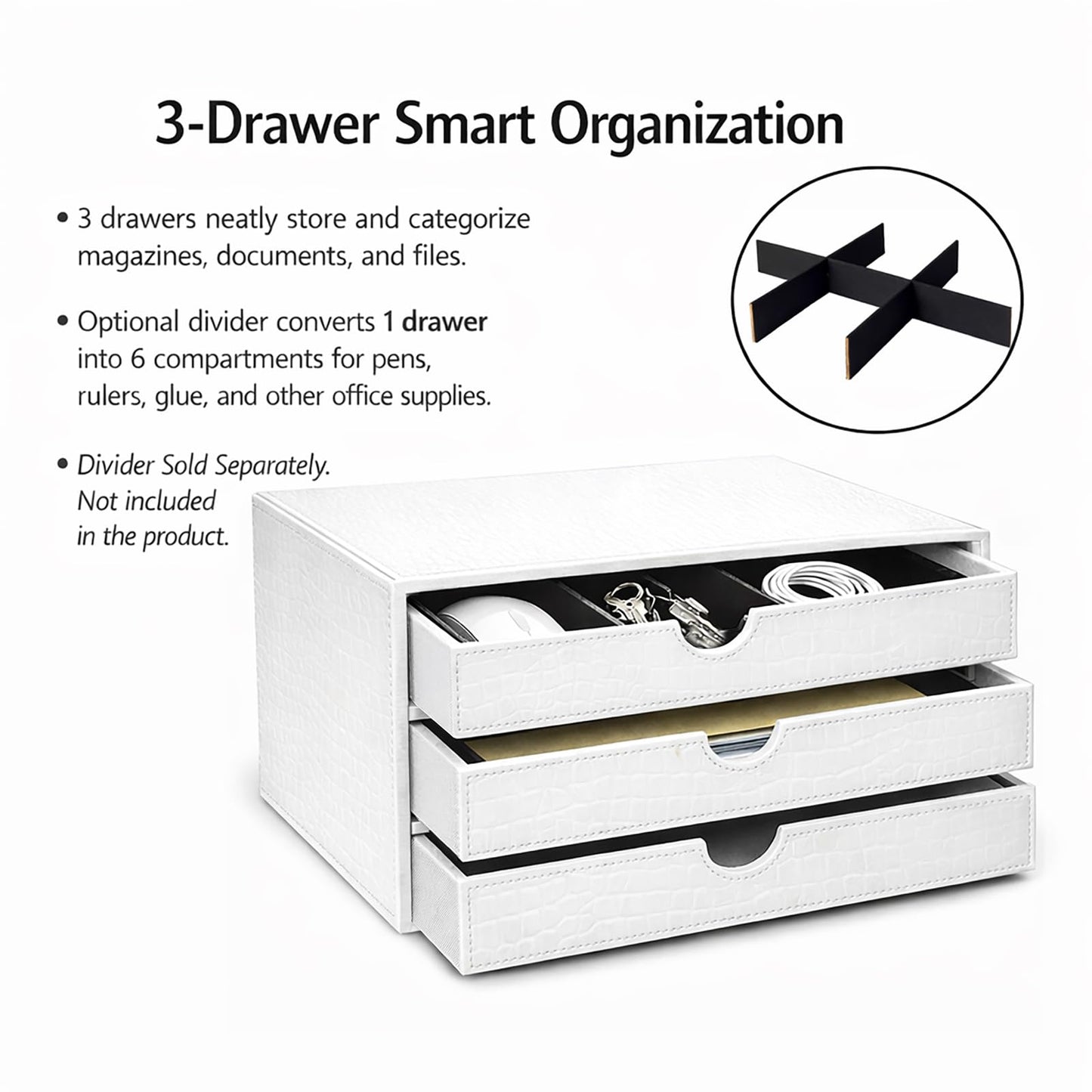 UnionBasic Document Organizer, 3-Drawer File Cabinet Document Storage Box, Office Desktop Filing Organizer, Croco White