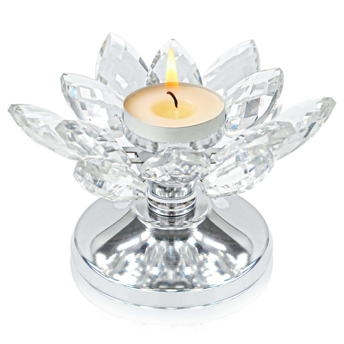 1 PC Silver Crystal Flower Tea Light Holder, Glass Tealight Candlestick with Metal Base, Votive Candle for Table Centerpiece, Wedding/Parties Decor, Nice Gift