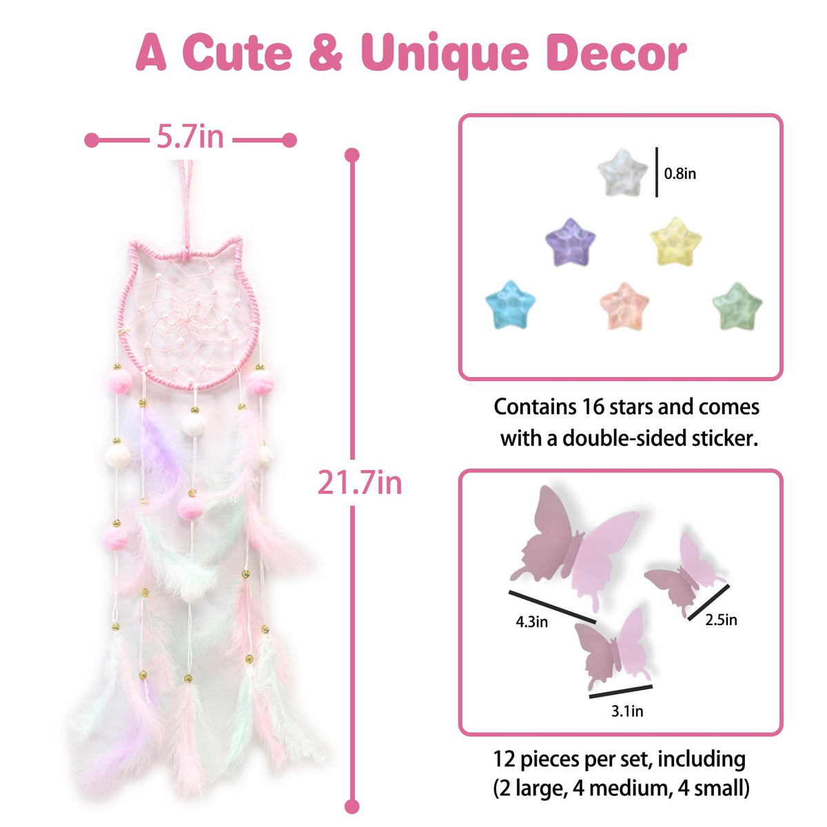 Fun-Plus Pink Dream Catcher Wall Hanging Set - 10 Butterflies & 16 Stars, Boho Room Decor for Girls, Easy Peel & Stick Wall Art for Bedroom, Nursery, Teen Room for Daughter, Birthday, Christmas