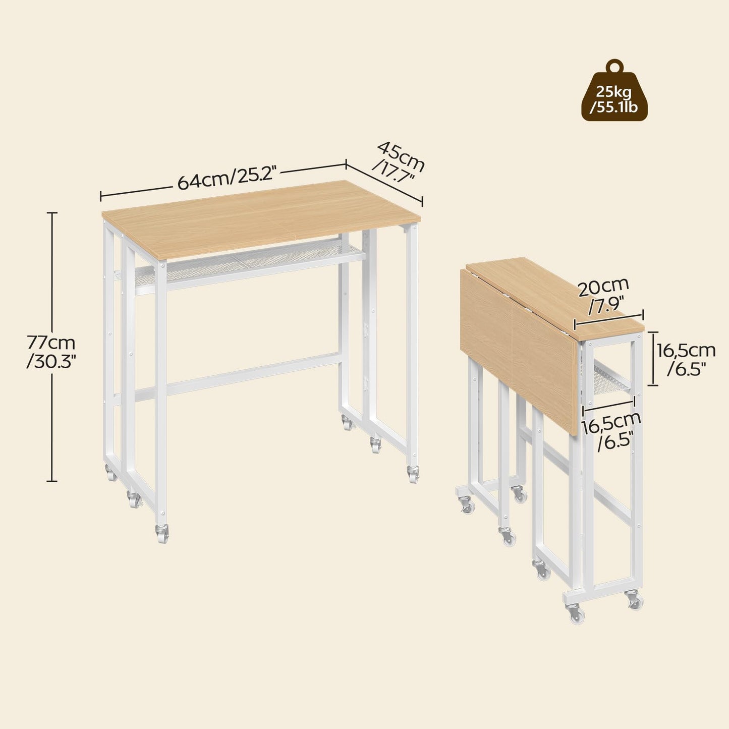 YATINEY Folding Computer Desk with Storage Shelf, 25.2" Rolling Folding Desk with Wheels, for Small Spaces, Living Room, Bedroom, Office, White and Natural DN08WN