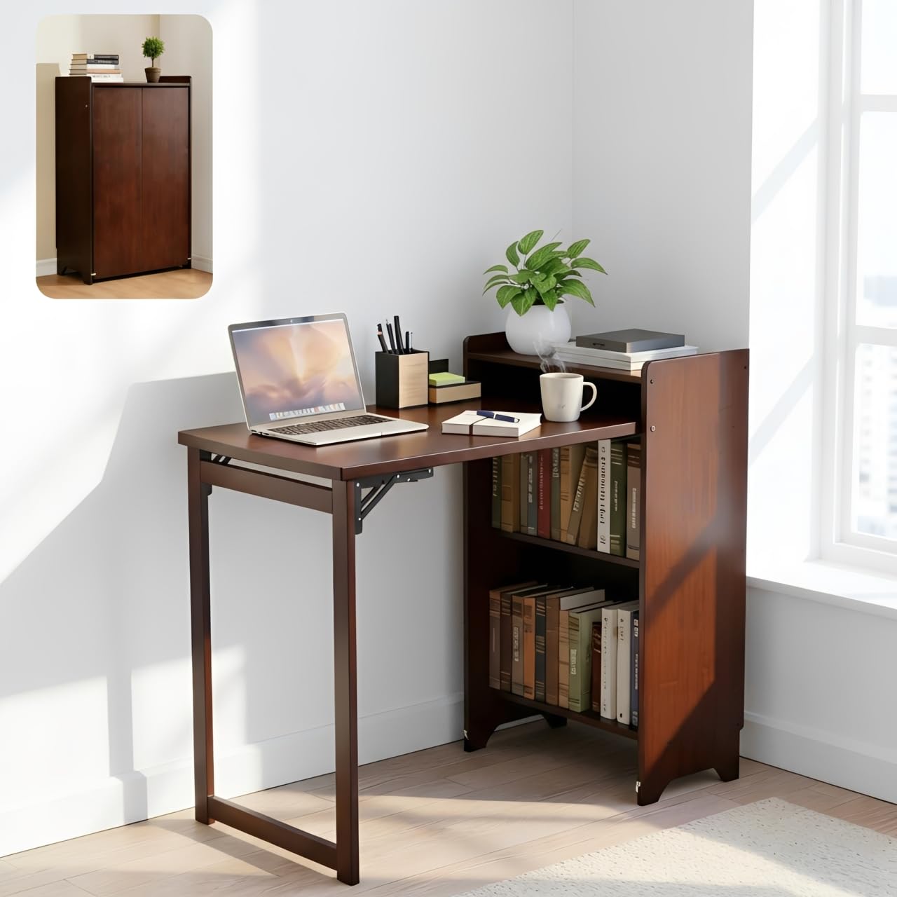 METALBEE Bamboo Folding Desk with Storage, Mid Century Fold Out Table, Space Saving Foldable Desk for Small Spaces, Multi-Functional Computer Desk for Home Office, Bedroom, Apartment & Dorm