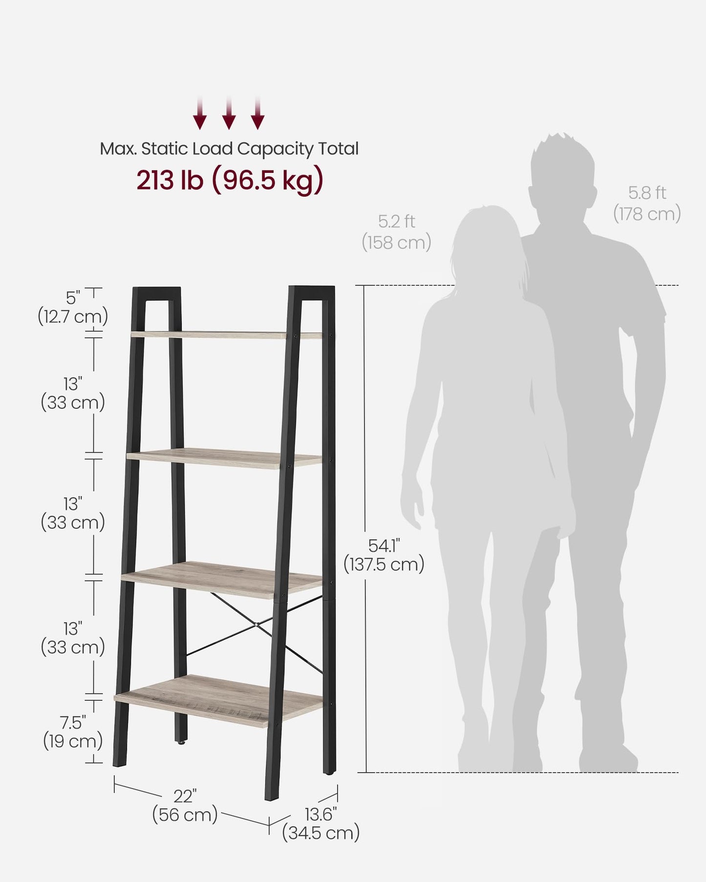 VASAGLE BARNET Collection - Ladder Shelf, Bookshelf, Storage Rack, Modern Bookcase for Living Room Home Office Kitchen, Steel Frame, 4-Tier, 22-Inch Wide, Heather Greige and Ink Black ULLS44MB