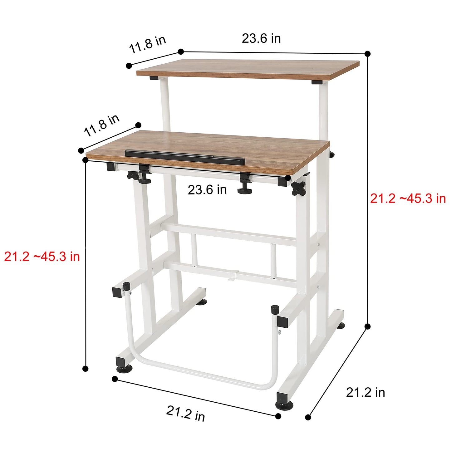 SDADI L101XWFDT Adjustable-Height Steel-Framed Mobile Standing Office Computer Desk with 2 Tiers and Lockable Caster Wheels, Dark Grain