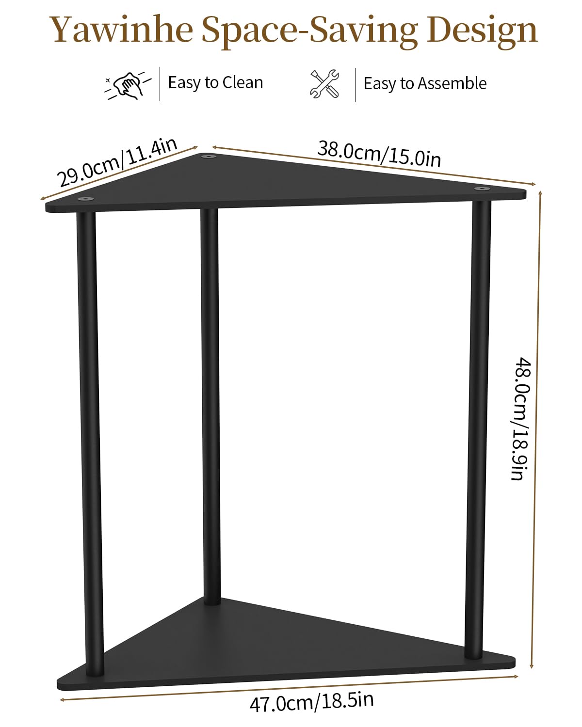 Yawinhe Metal Side Table,Triangle End Table with 2-Tier Storage Shelves,Triangular Nightstand Bedside Table for Small Spaces,Small Triangle Coffee Table for Living Rooms,Bedrooms,Black, SZJ202B-1