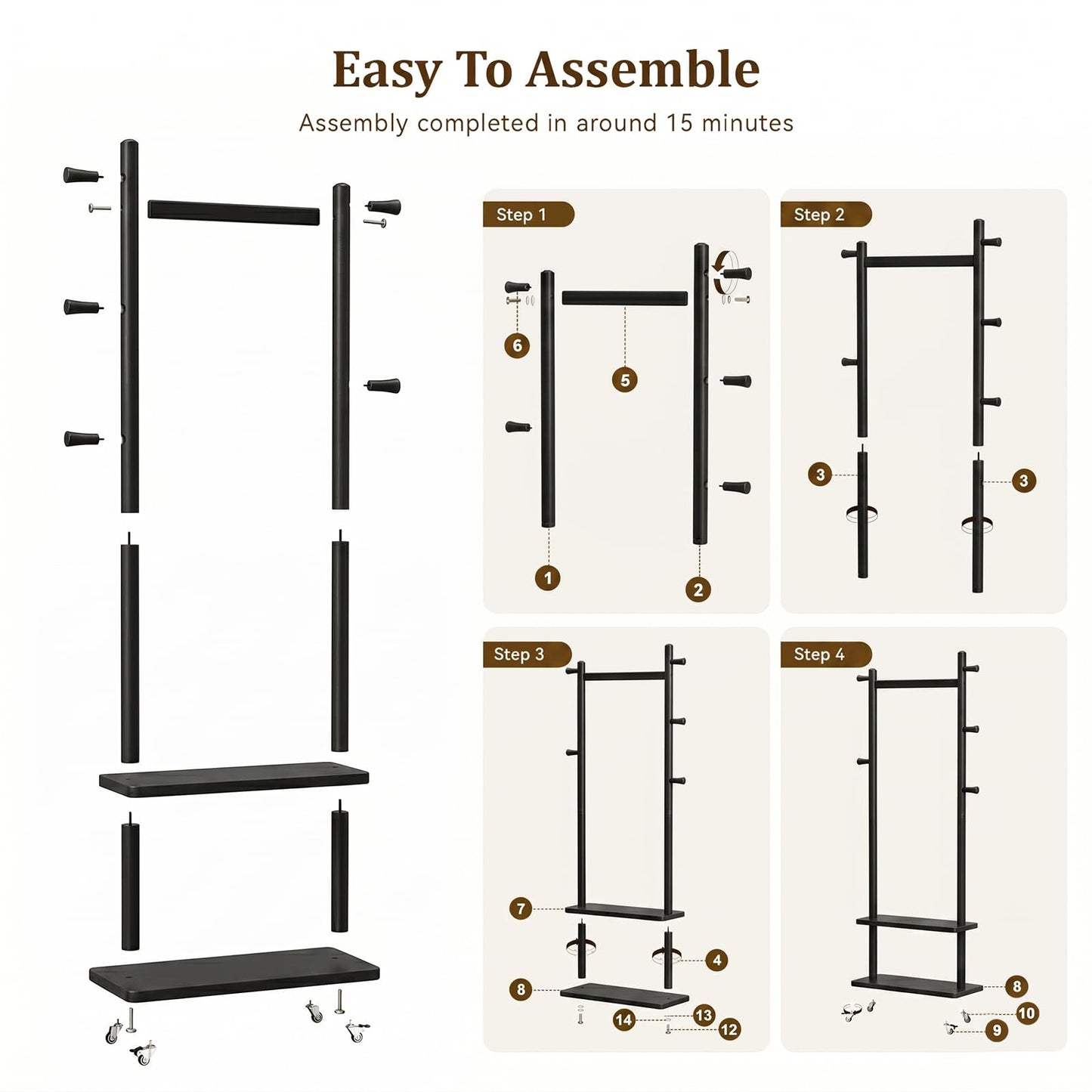 Solid Wood Coat Rack Freestanding Clothing Rack with Wheels & 2 Shelves Storage & 5 Hooks Heavy Duty Clothes Rack Wood Coat Tree Stand Hat Hanger Rack for Corner Bedroom Entryway Living Room Hotel