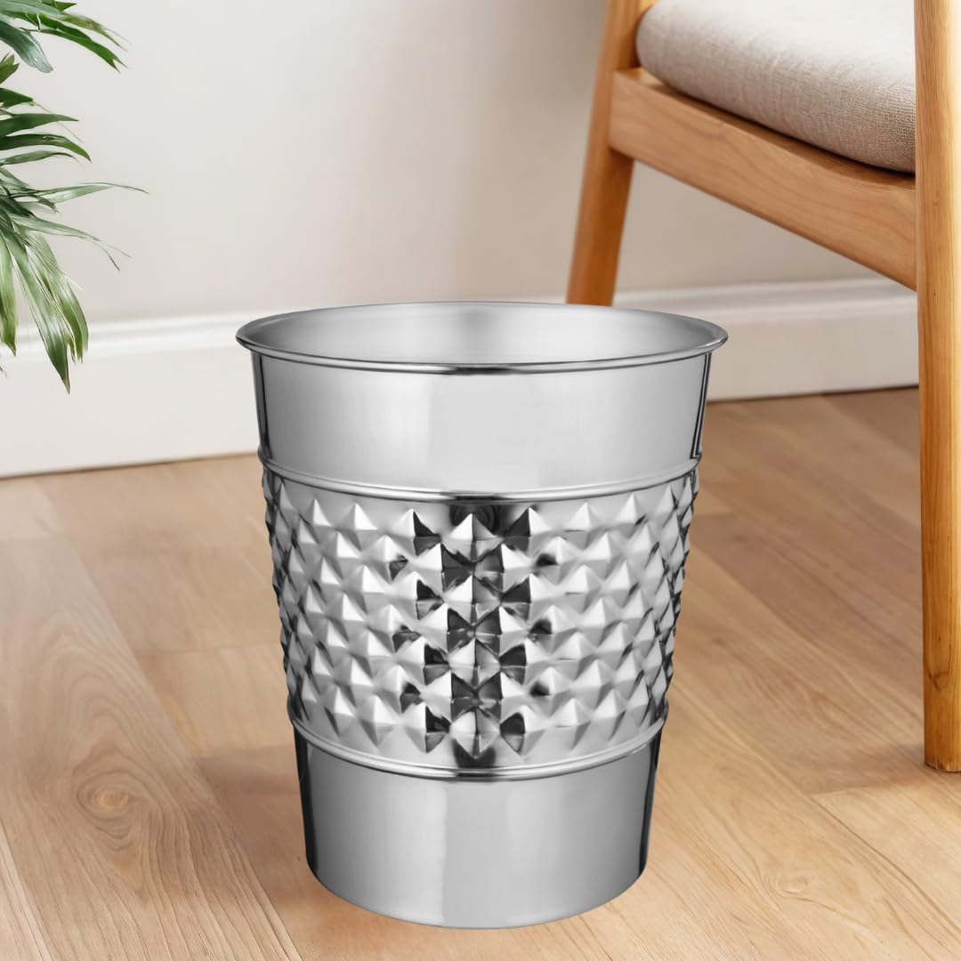 Monarch Abode Metal Bathroom Trash Can – Waste Basket for Bedroom, Office Desk, & Dorm, Handcrafted Geo Embossed, Durable Decorative Nickel Chrome Small Trash Can Bathroom Garbage Bin Wastebasket