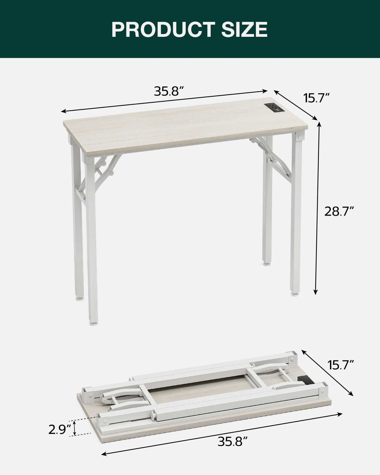Frylr Small Folding Computer Desk – 35.8 Inch Portable Table for Craft and Study, Lightweight Desk for Small Spaces, Foldable Laptop Table Built-in AC/USB Outlets for Convenience, White Ash