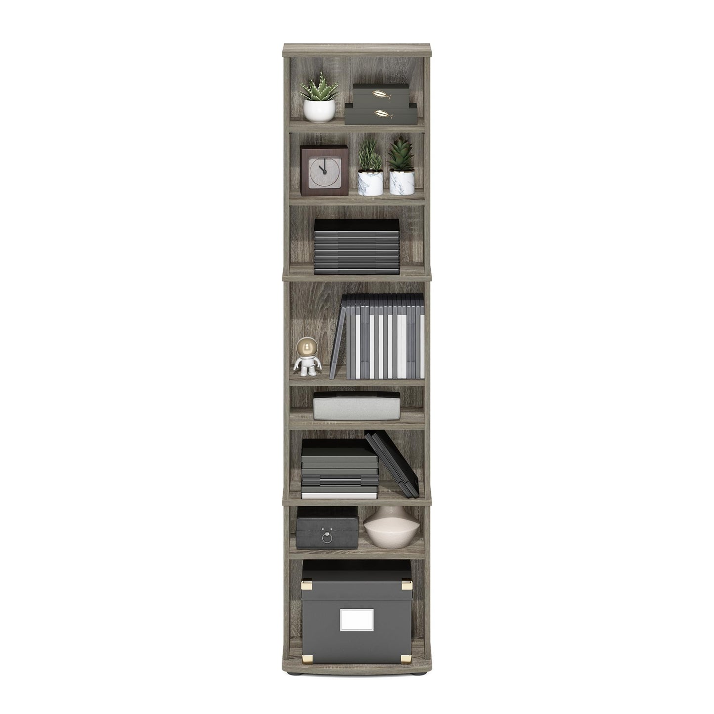 Furinno Jaya DVD Shelf, 8-Tier Tall Narrow CD Rack, Media Shelf with Adjustable Shelves, DVD Storage Cabinets for CD Blueray Game Disc, Easy Assembly, for Living Room, Home Office, French Oak
