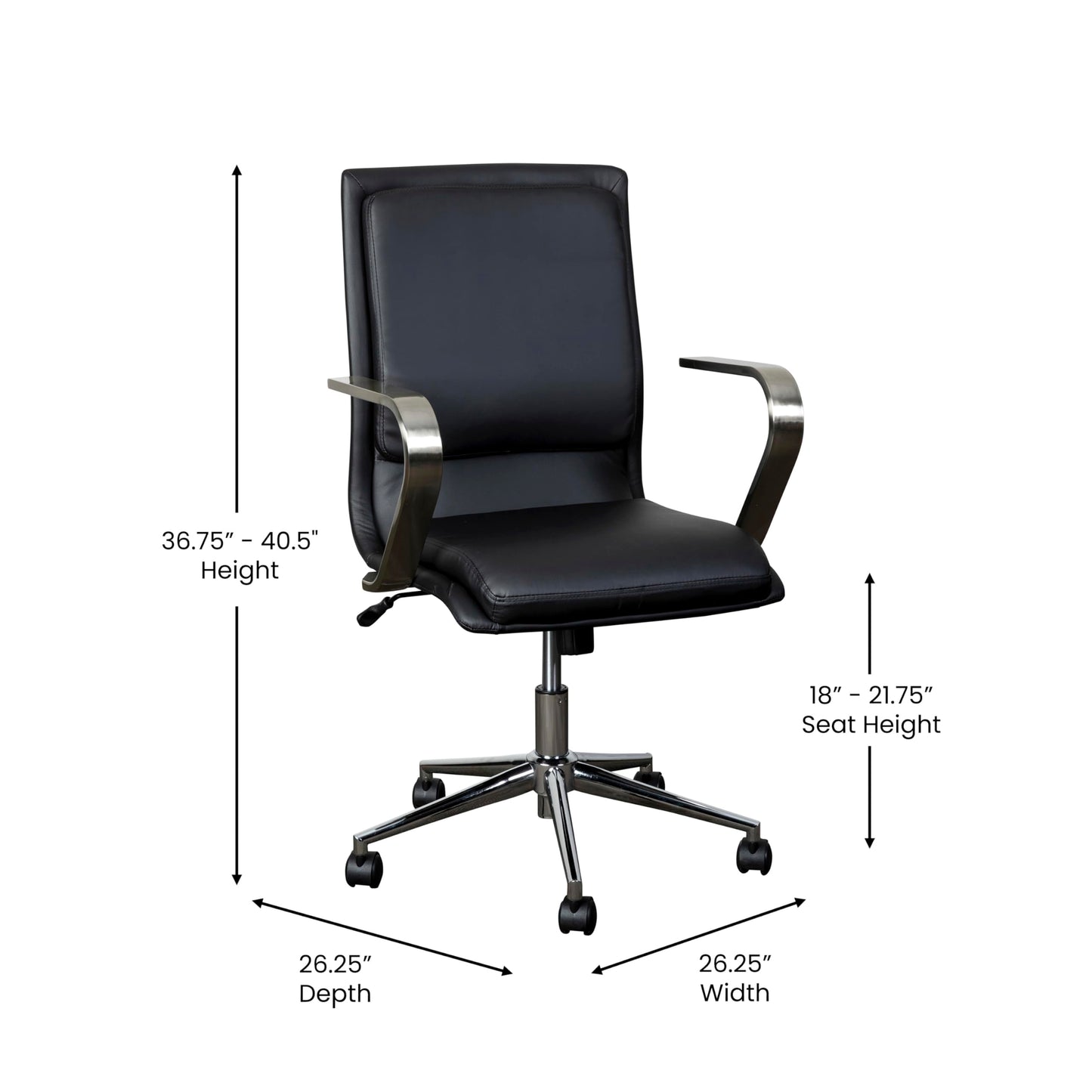 Flash Furniture James Mid-Back Designer Executive Office Chair - Black LeatherSoft Upholstery - Brushed Chrome Base and Arms - Height Adjustable 360° Swivel Seat