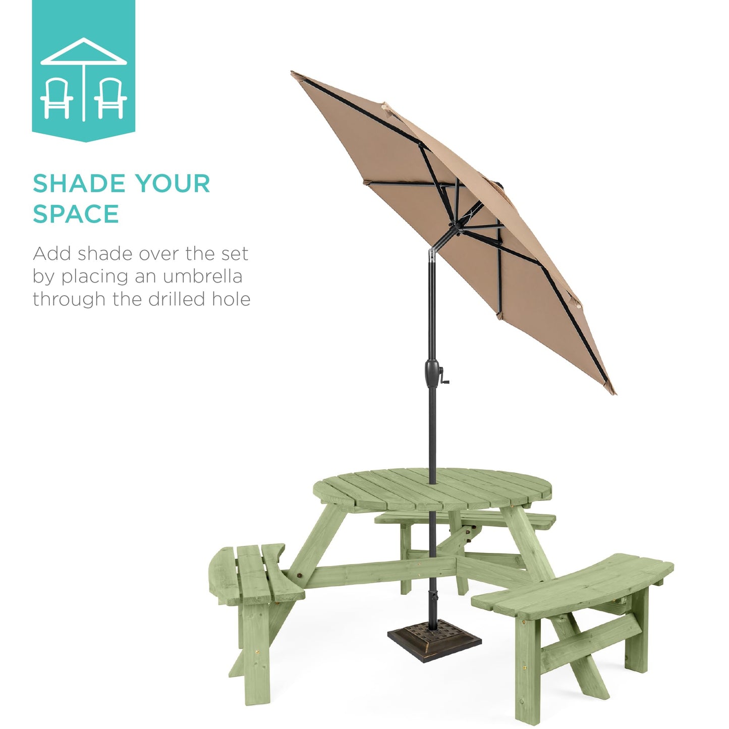 Best Choice Products 6-Person Circular Outdoor Wooden Picnic Table for Patio, Backyard, Garden, DIY w/ 3 Built-in Benches, 500lb Capacity - Sage Green