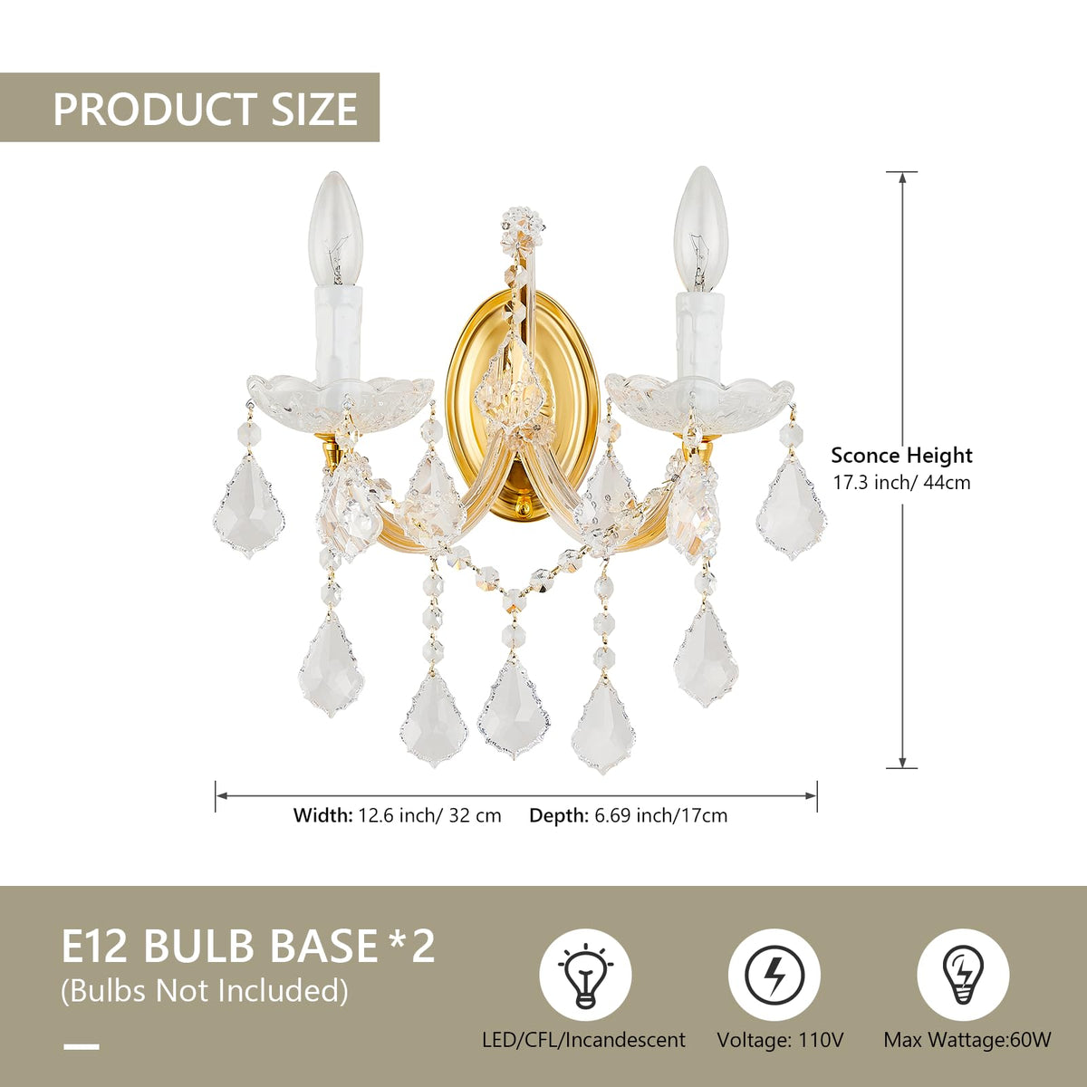 SHAOCHIAO Crystal Wall Sconce Lighting, 2-Light Modern Crystal Wall Light Fixture Bathroom Maria Theresa Wall Lamp Light Fixtures for Living Room Wall Sconce Light Wall Mounted Lamp Indoor