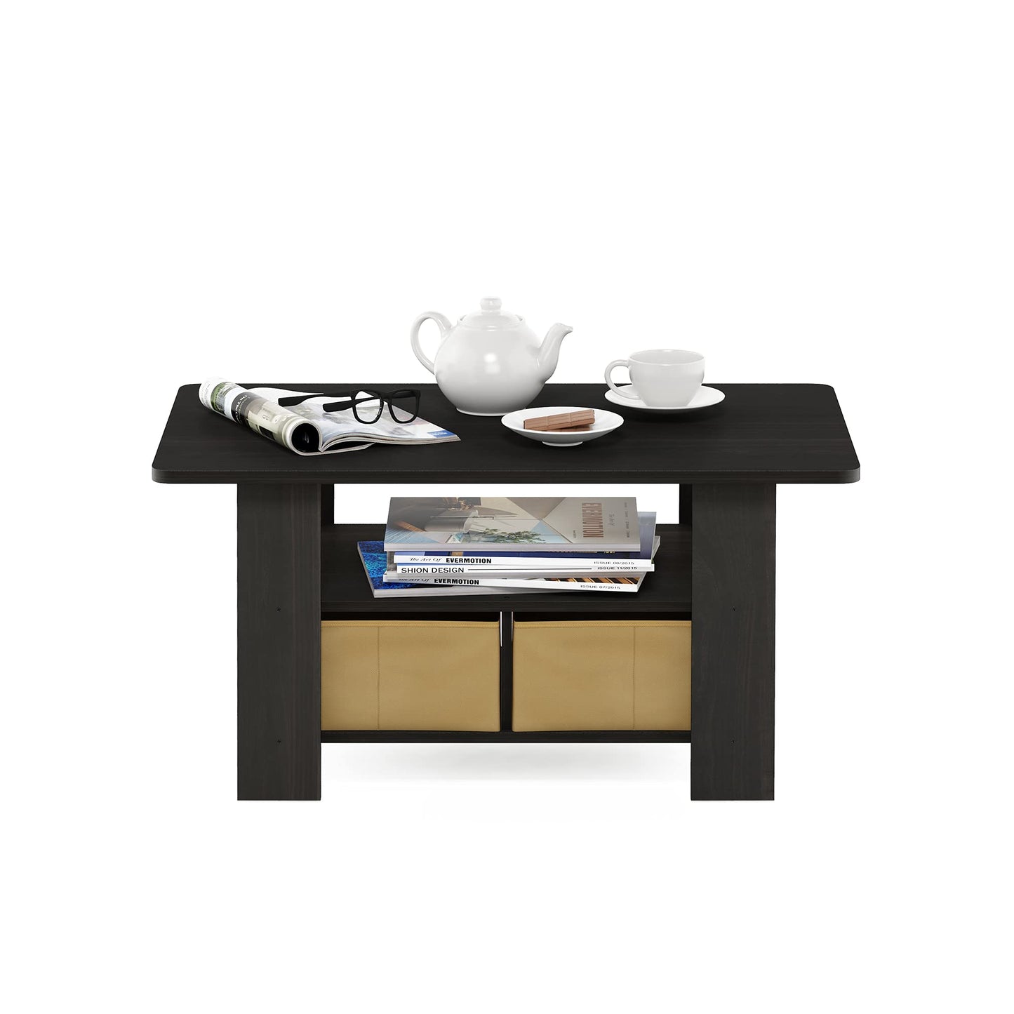 Furinno Andrey Coffee Table, Small Modern Center Table with Storage and Bin Drawer, Side Table for Living Room, Bedroom, Home Office, Dark Espresso