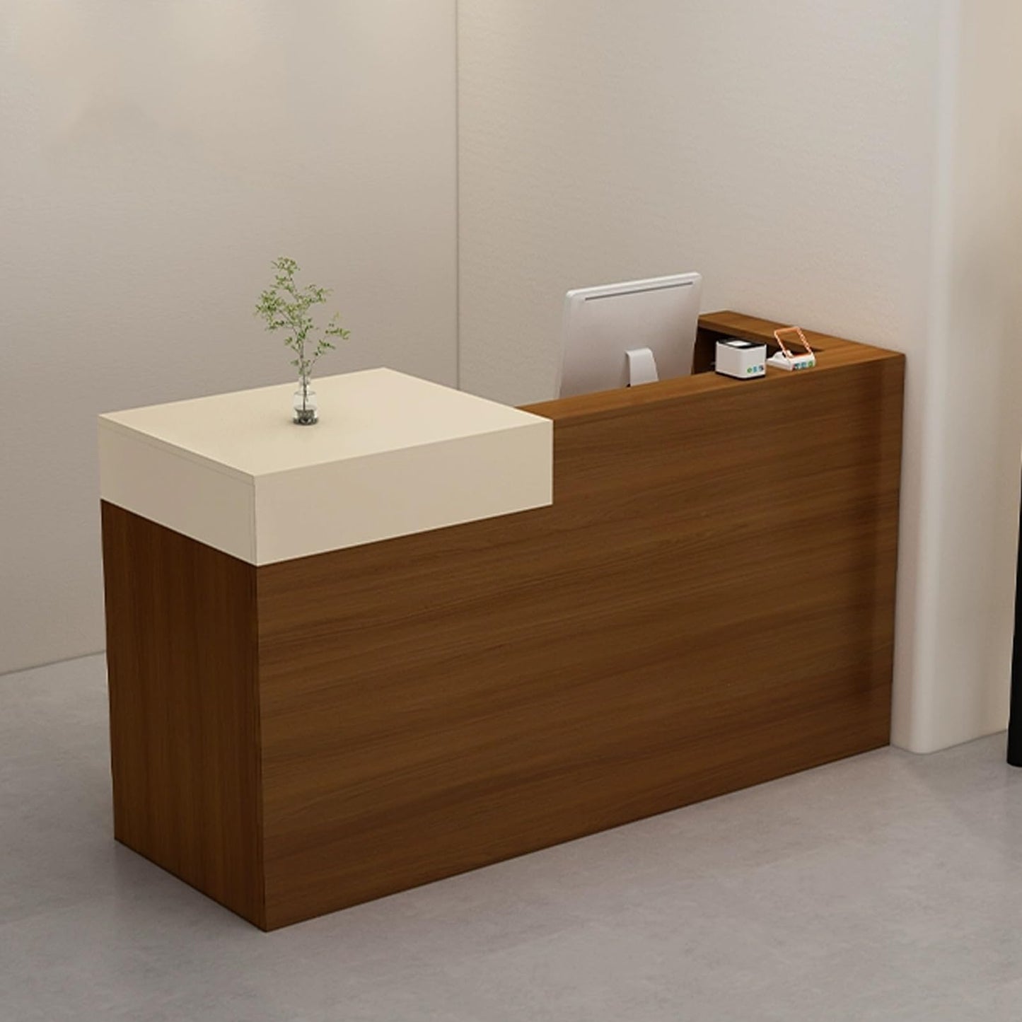 Teak Cream Small Reception Desk with Lockable Drawer - Retail Checkout Counter for Clothing Store, Convenience Shop & Boutique, 100cm/39.3in Front Desk Furniture